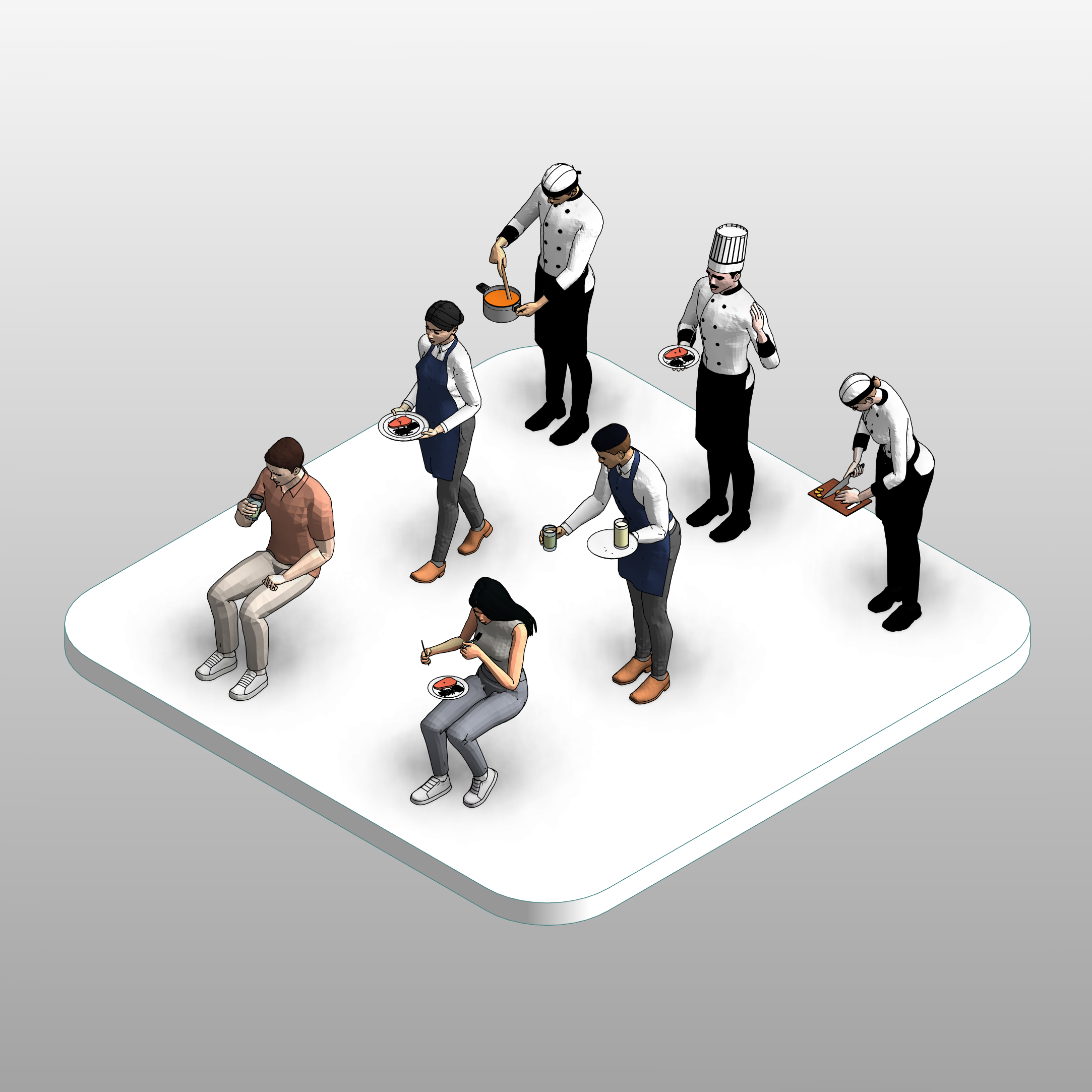 3D Revit restaurant people – grouped isometric view with chefs, waitstaff, and seated customers