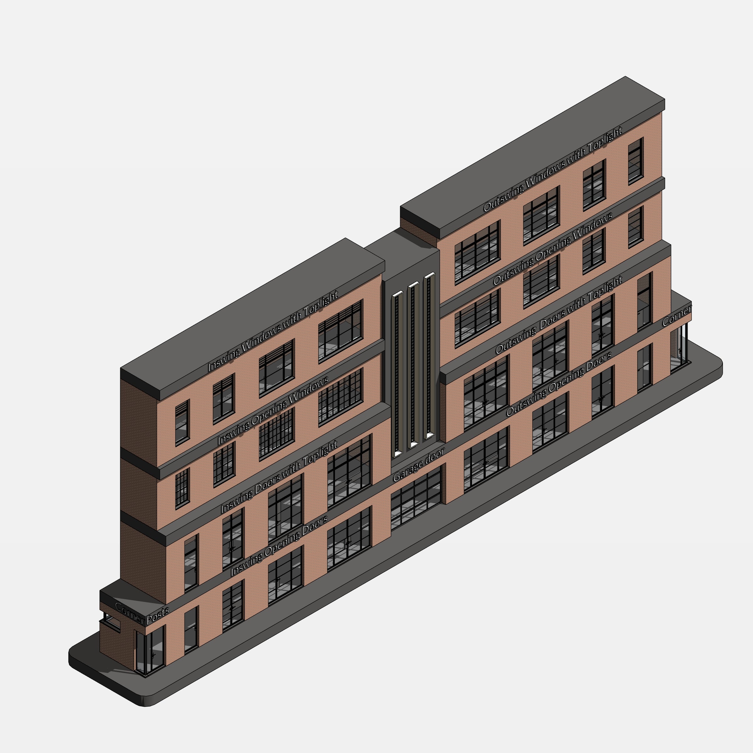 3D model revit of a multi-story building with brown and gray facade on a white background