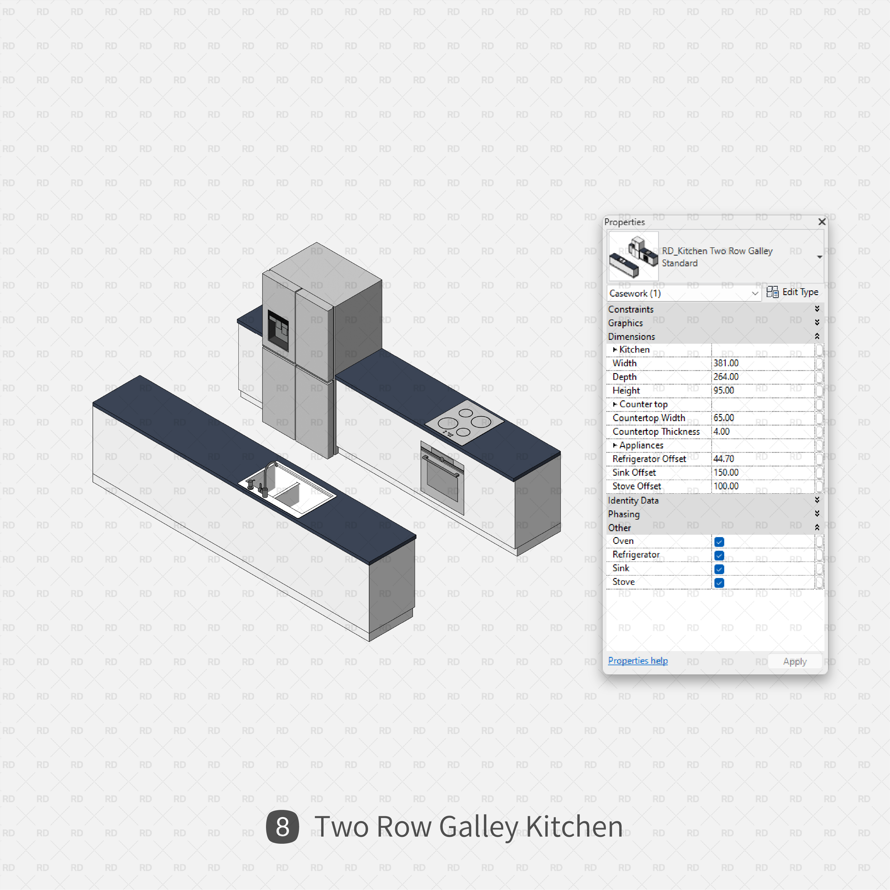 revit two row galley kitchen