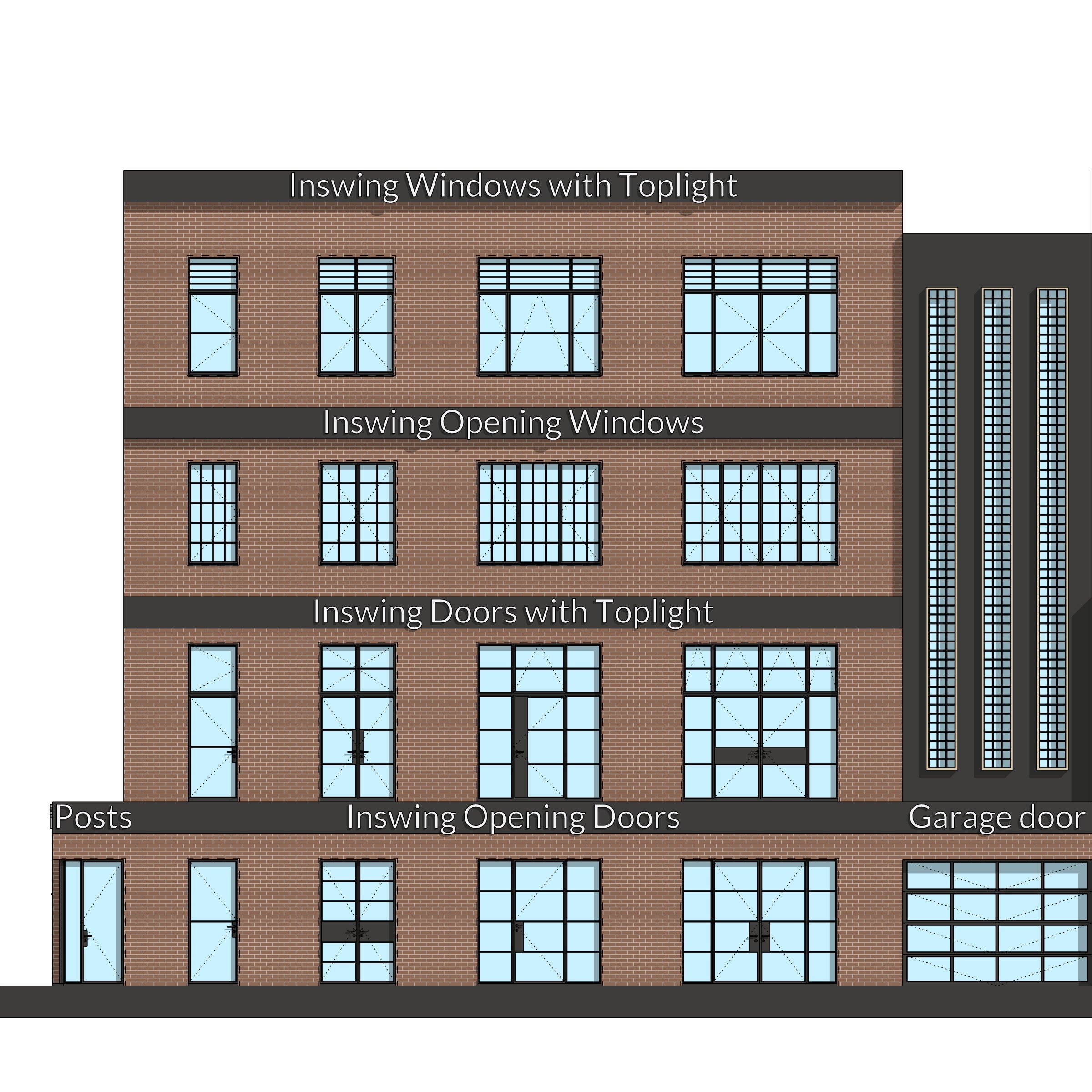 Revit Steel Windows and Doors families (Metric + Imperial) facade