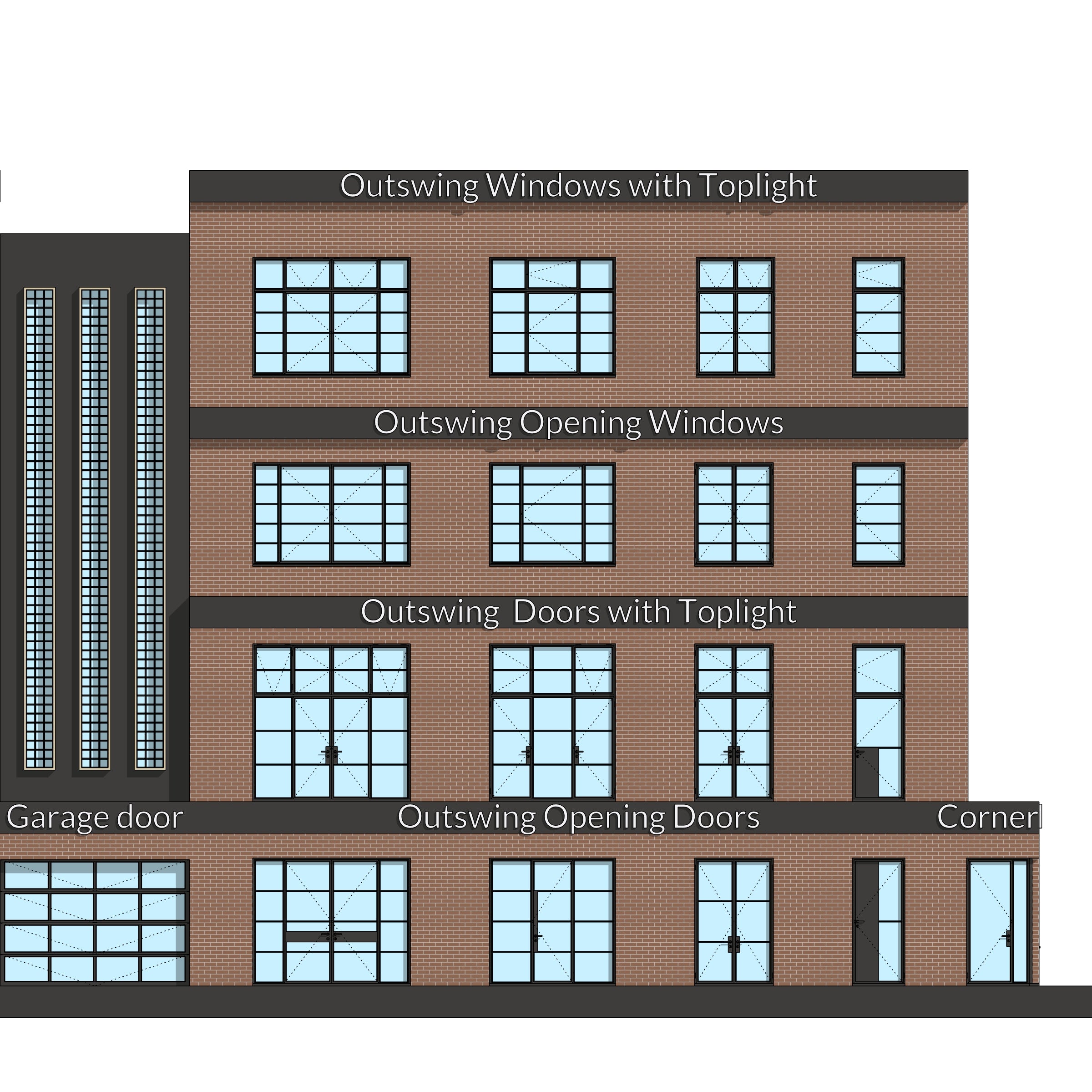 Revit Steel Windows and Doors families (Metric + Imperial) facade