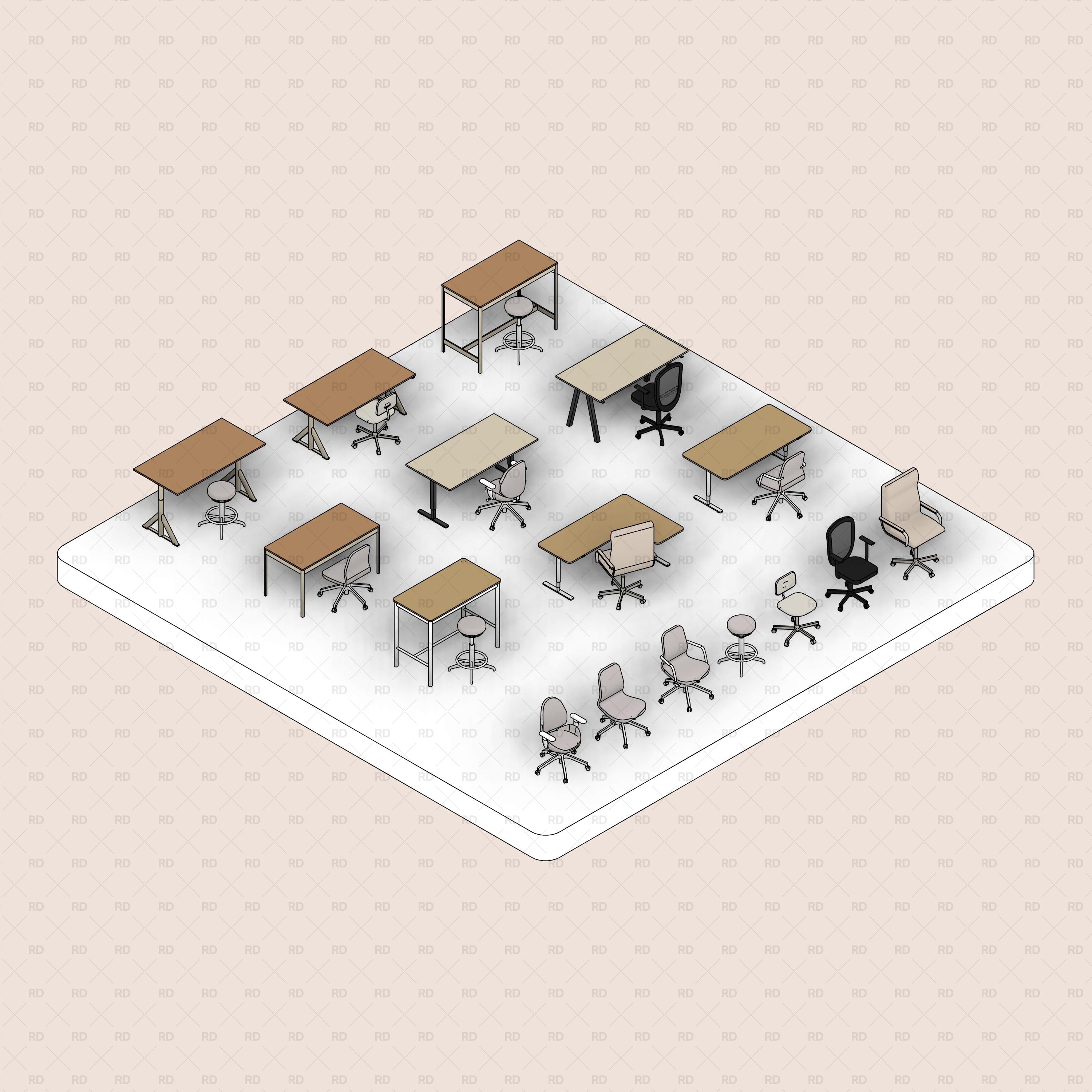 revit desk chair family - office workstation furniture professional design