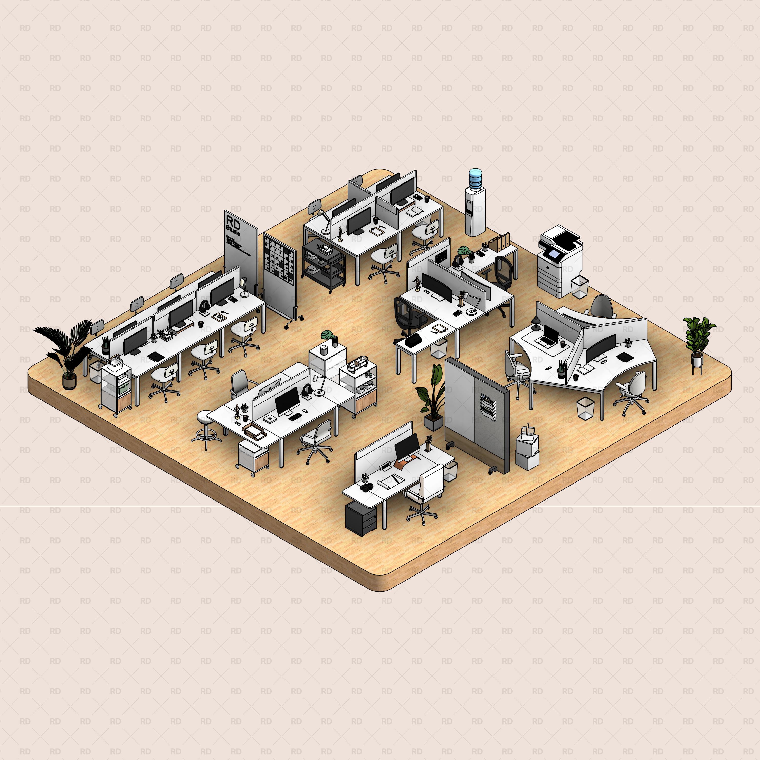 revit office families download - professional workstation interior design open space