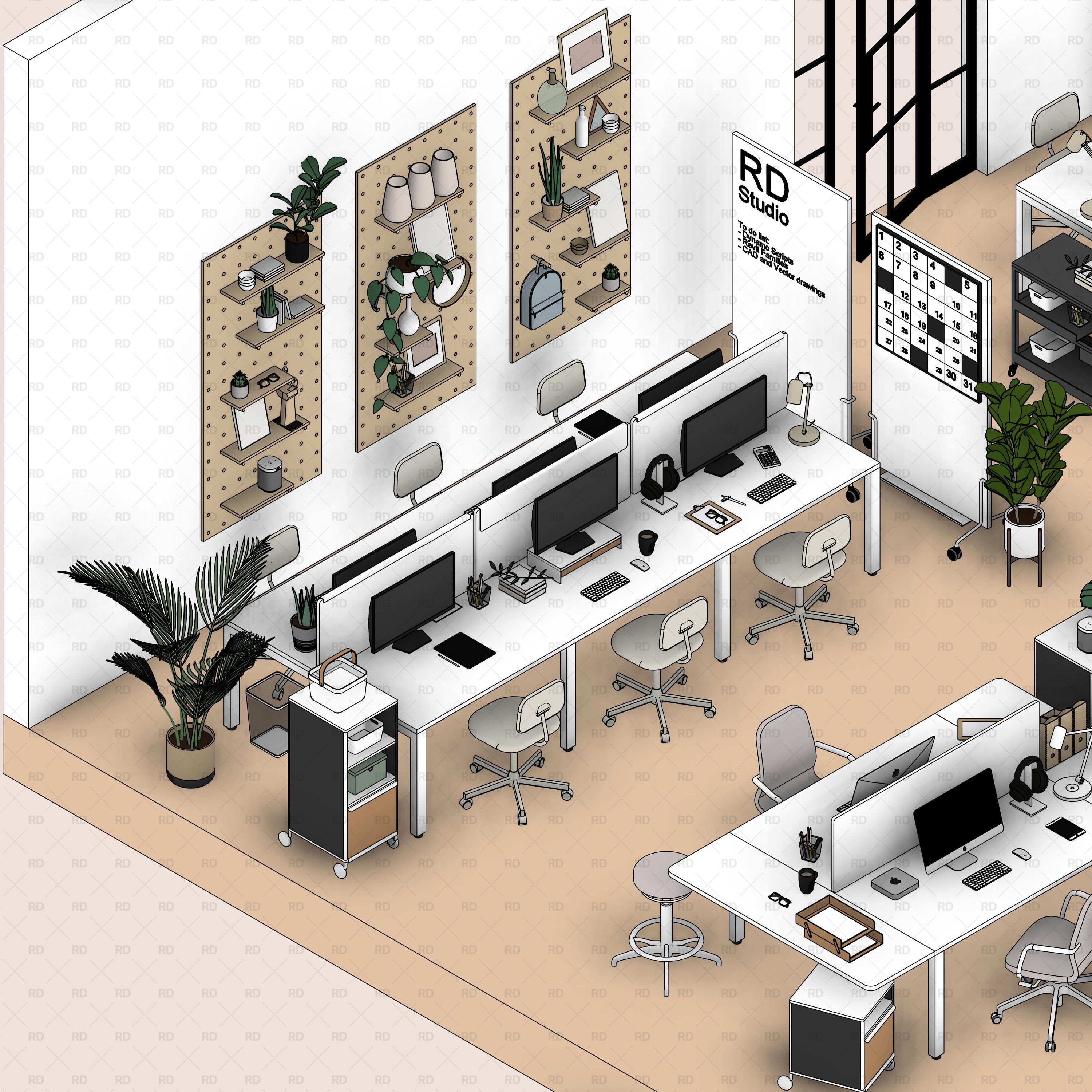 revit professional office interior design - modern workspace furniture family collection
