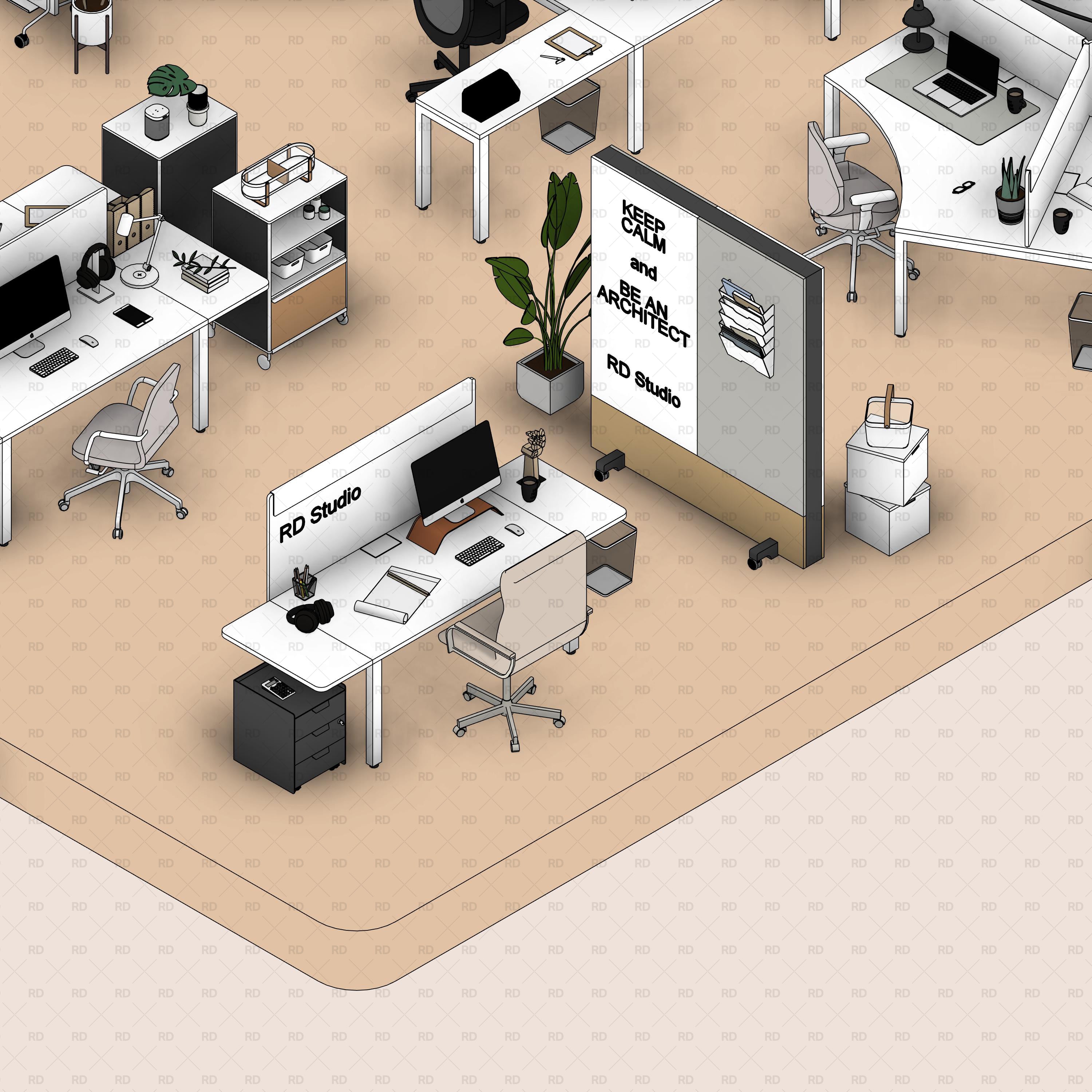 revit professional office interior design - workstation furniture family download