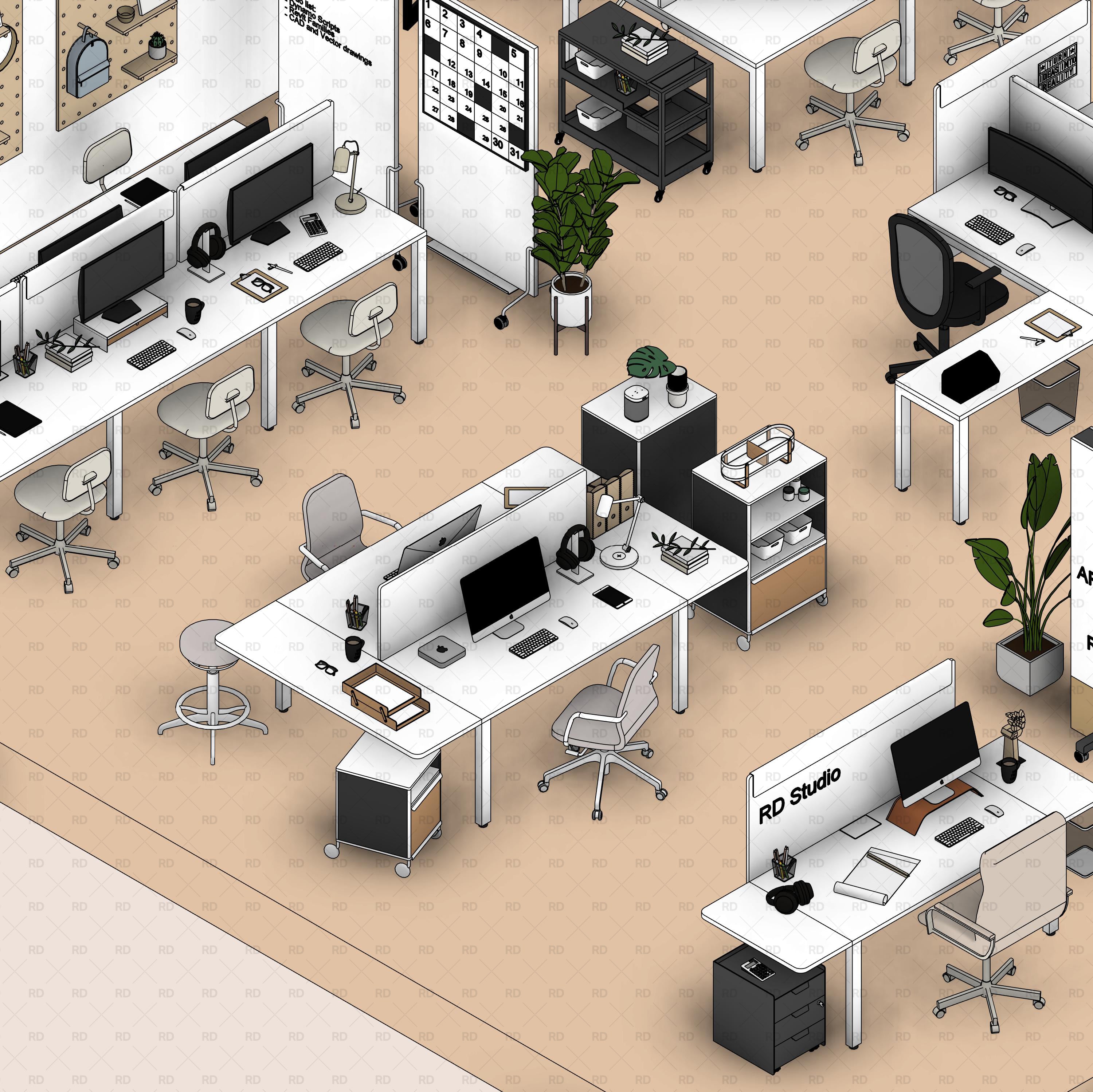 revit professional office interior design project - workspace furniture family pack