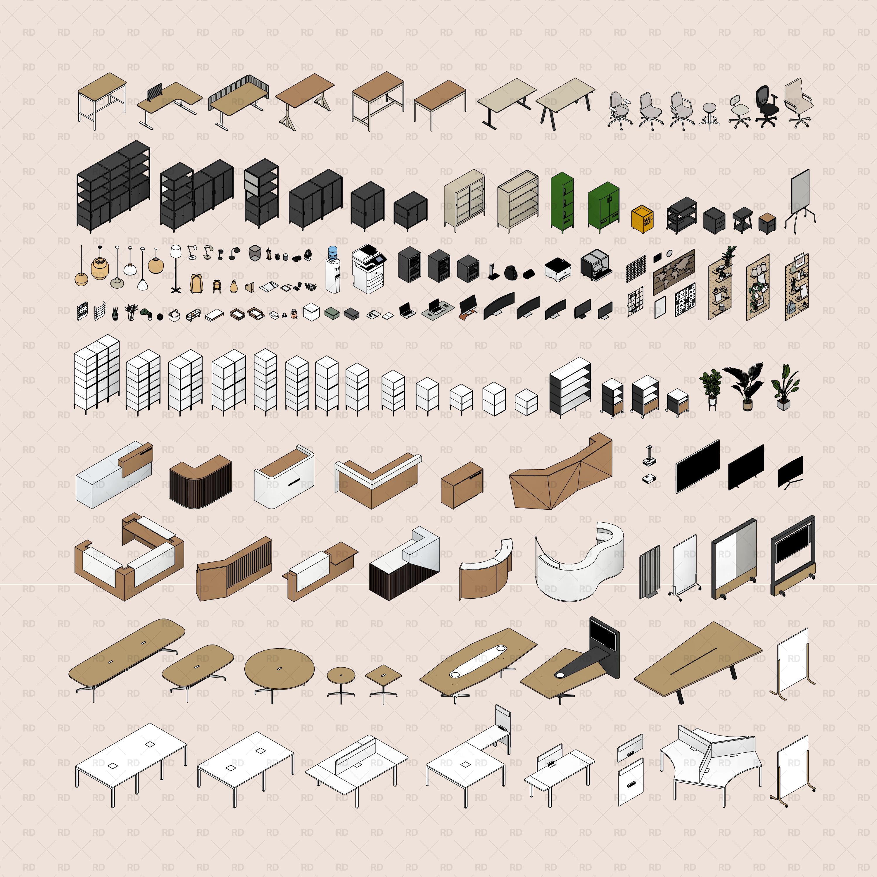 revit professional office interior design download bim blocks - workstation furniture family grid view