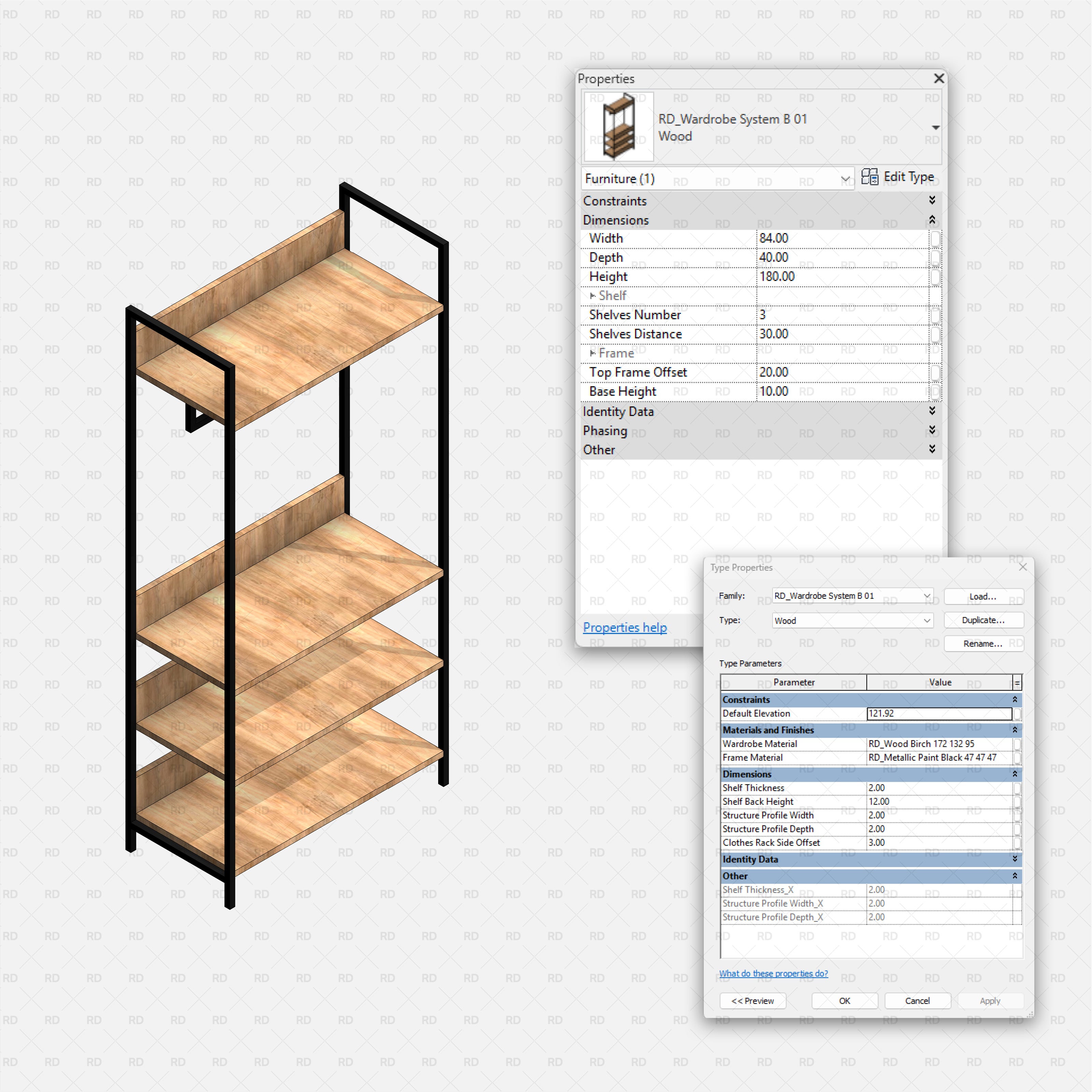 Revit Open Wardrobe System 02 Shelving Unit 01 With Type Properties, RD Studio BIM Block (RFA)