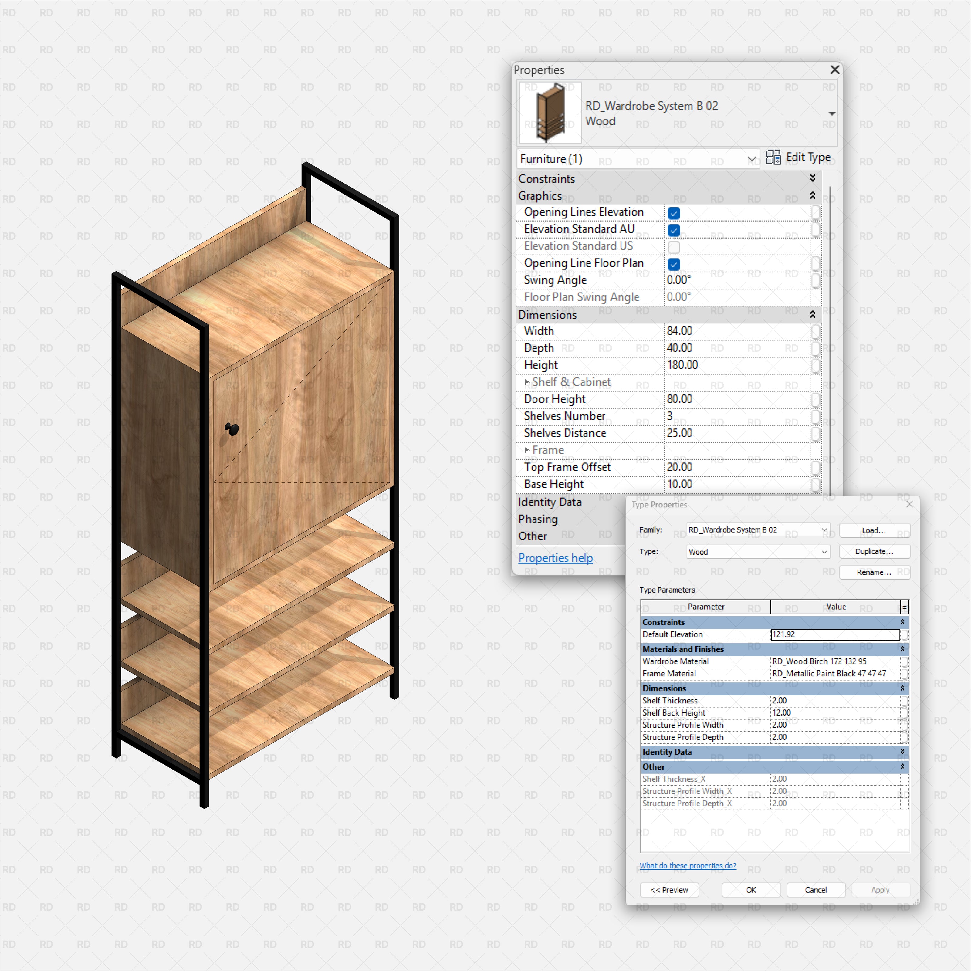Revit Open Wardrobe System 02 Cabinet Module 02 With Door Parameters, RD Studio BIM Block (RFA)