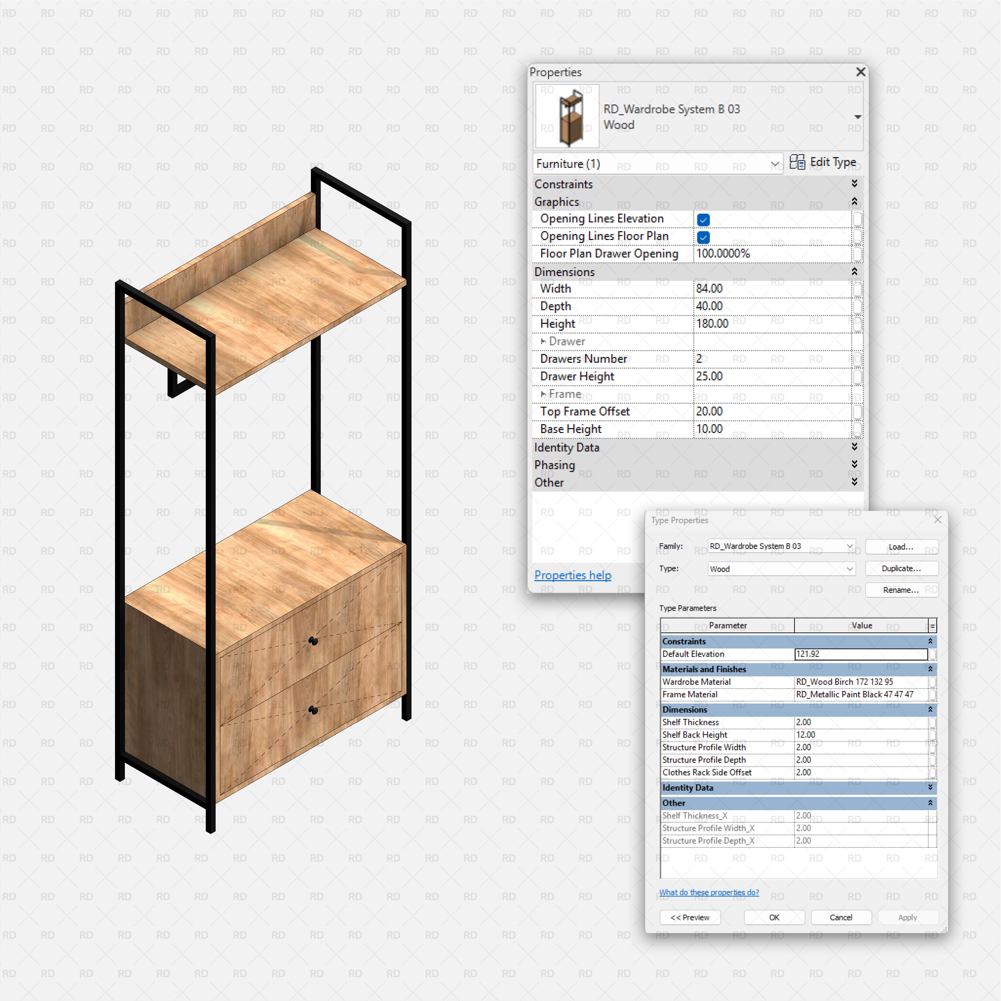 Revit Open Wardrobe System 02 Drawer Module 03 With Type Properties, RD Studio BIM Block (RFA)