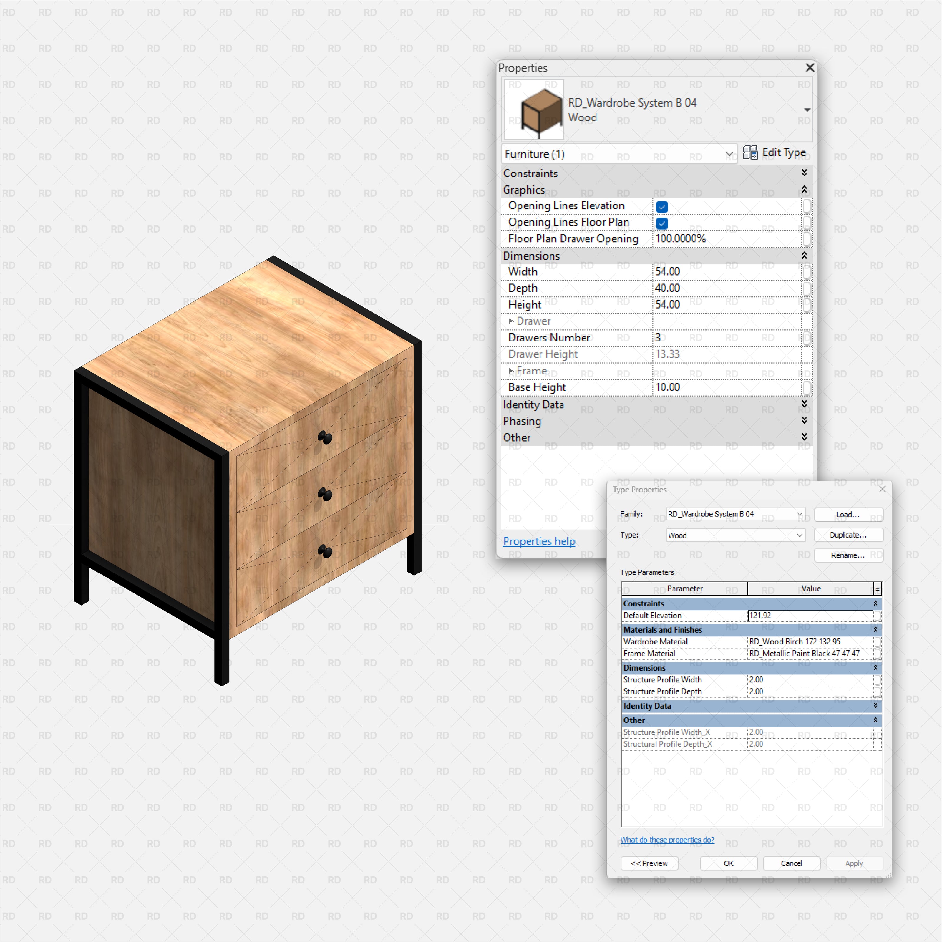 Revit Open Wardrobe System 02 Low Drawer Cabinet 04 With Type Properties, RD Studio BIM Block (RFA)