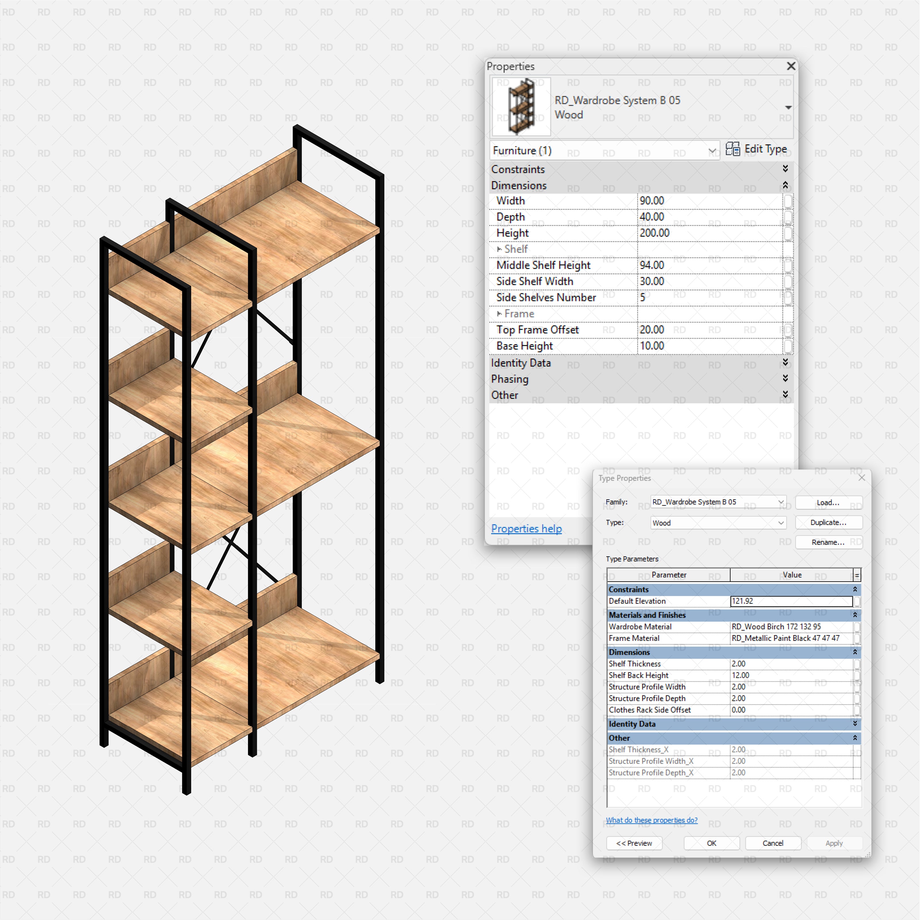 Revit Open Wardrobe System 02 Multi-Frame Shelving Unit 05 With Type Properties, RD Studio BIM Block (RFA)