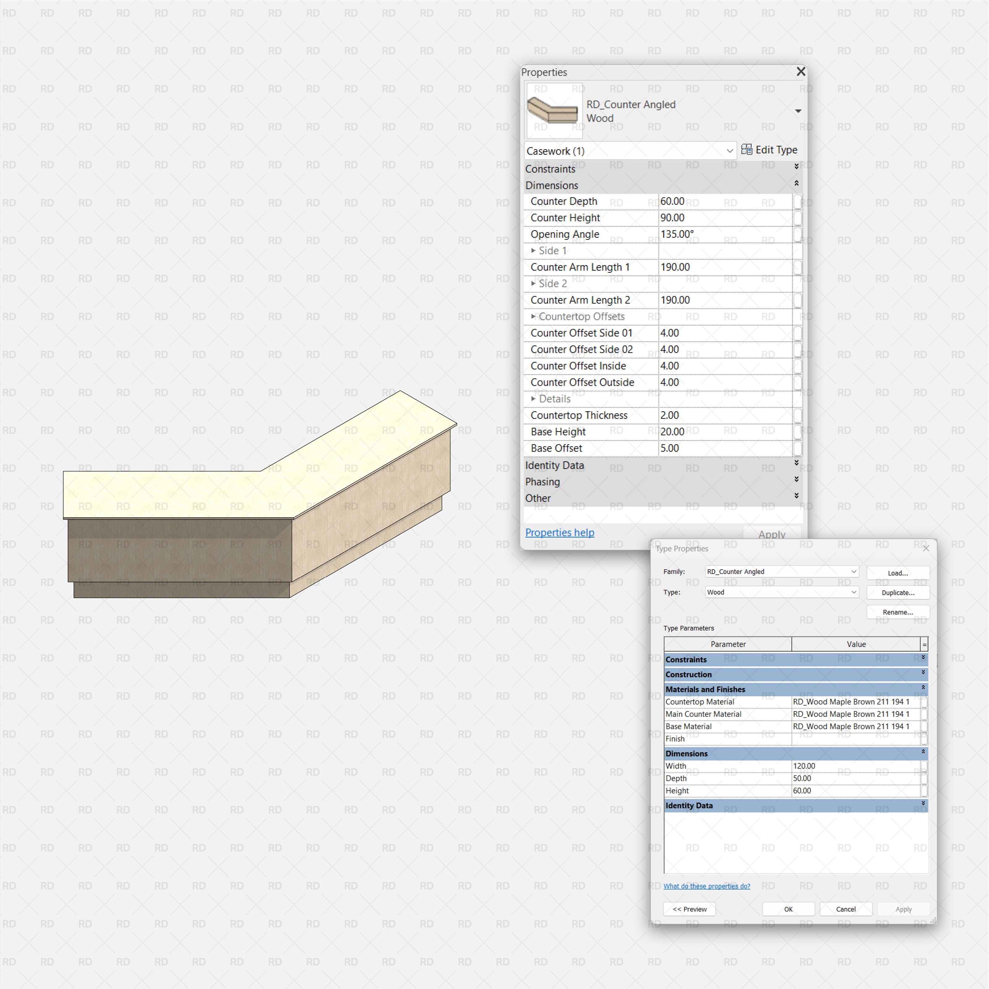 Revit Commercial Countertops RD Studio BIM Blocks RFA – Angled Straight Reception Counter Family With Wood Base