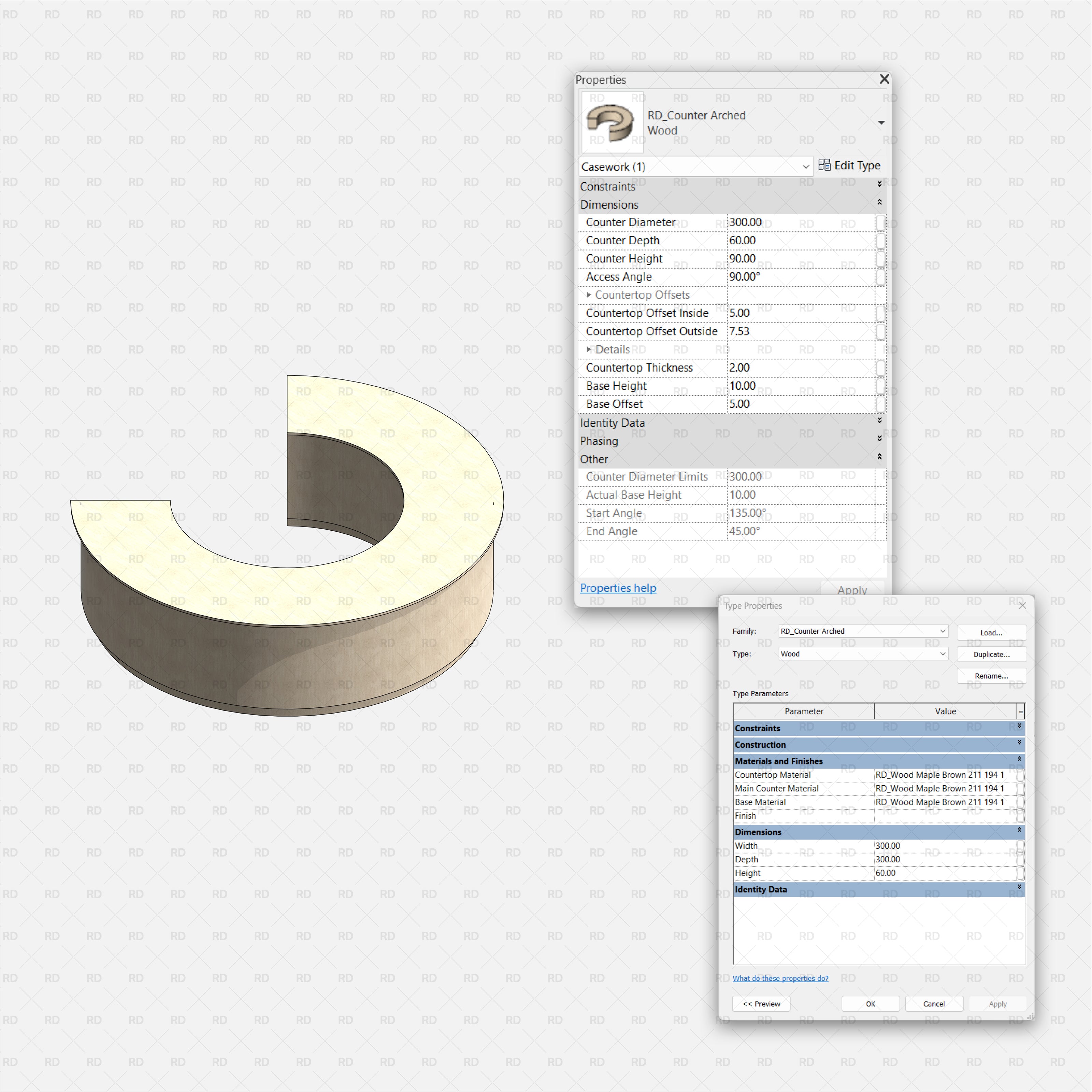 Revit Commercial Countertops RD Studio BIM Blocks RFA – Arched Circular Counter Segment Family With Wood Finish