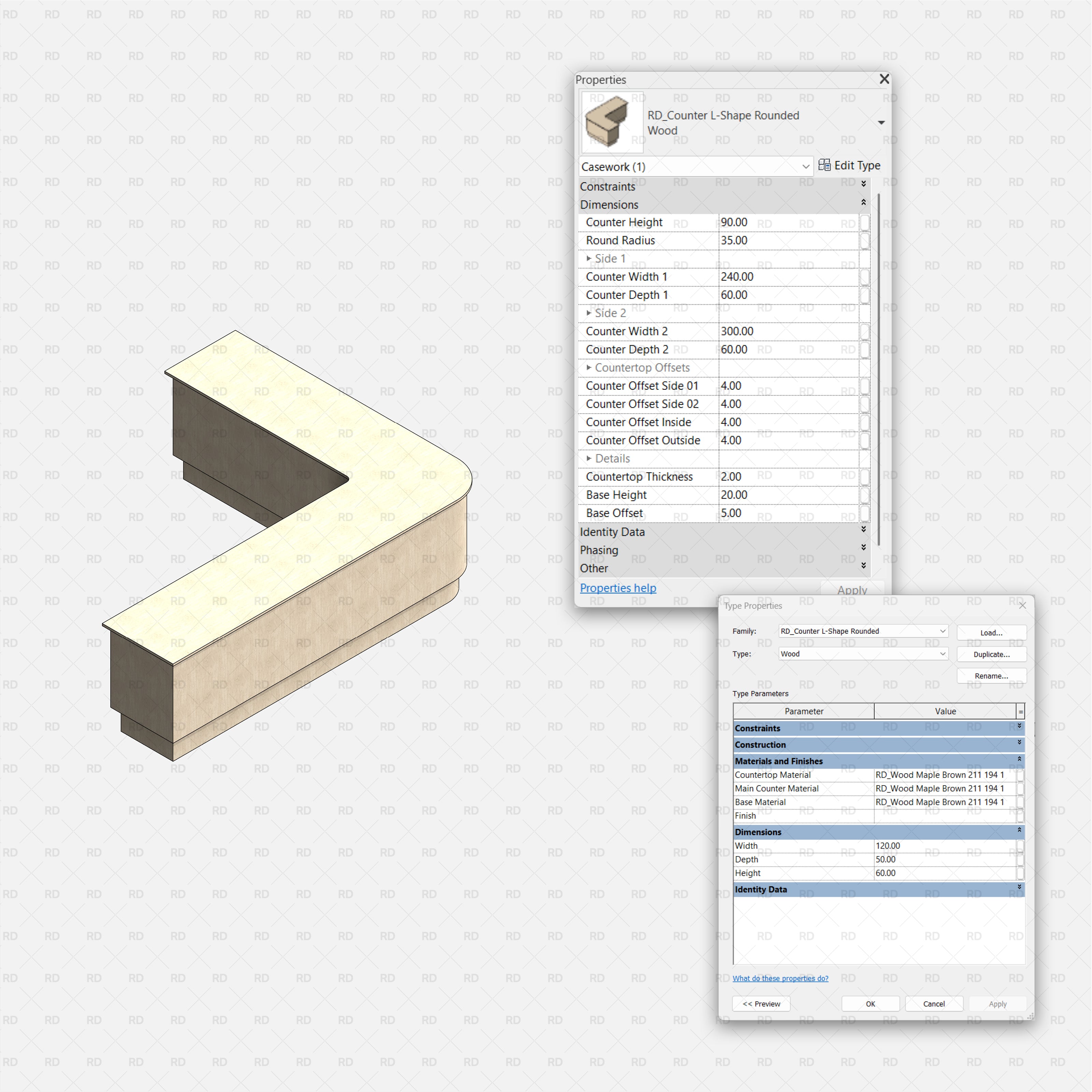 Revit Commercial Countertops RD Studio BIM Blocks RFA – L-Shape Rounded Corner Counter Family For Reception