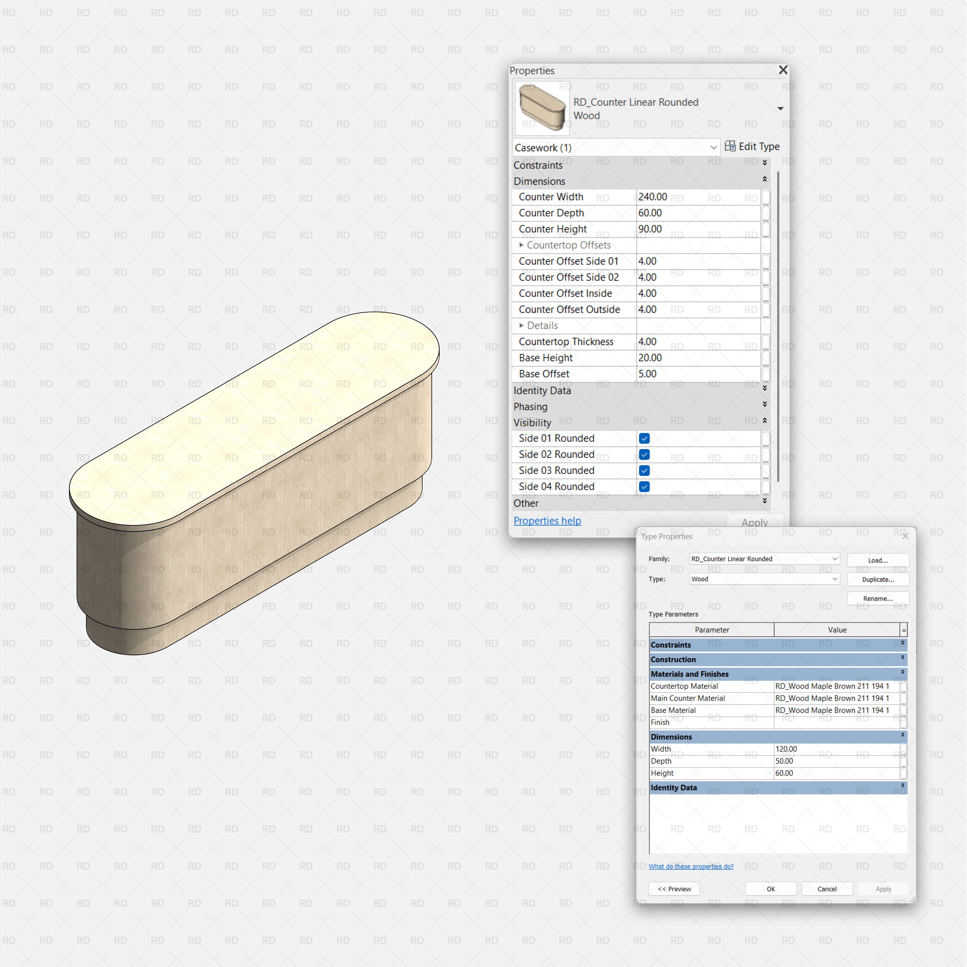 Revit Commercial Countertops RD Studio BIM Blocks RFA – Linear Rounded Island Counter Family With Elliptical Ends