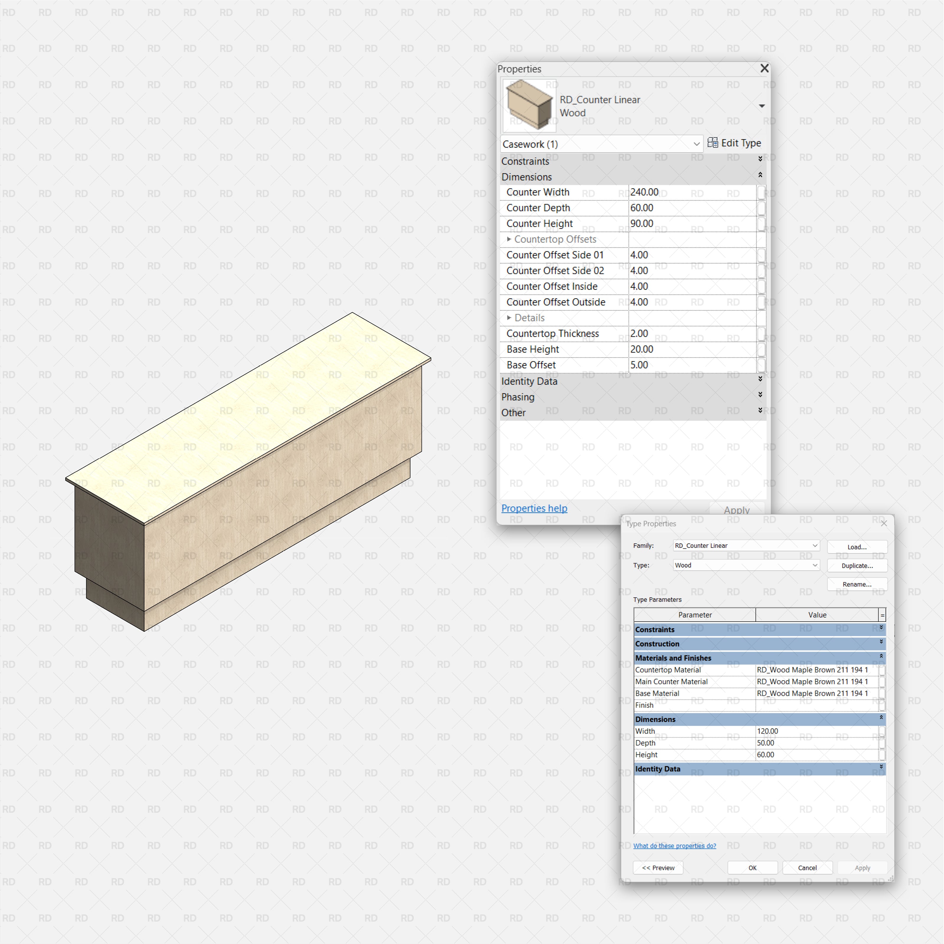 Revit Commercial Countertops RD Studio BIM Blocks RFA – Linear Rectangular Service Counter Family