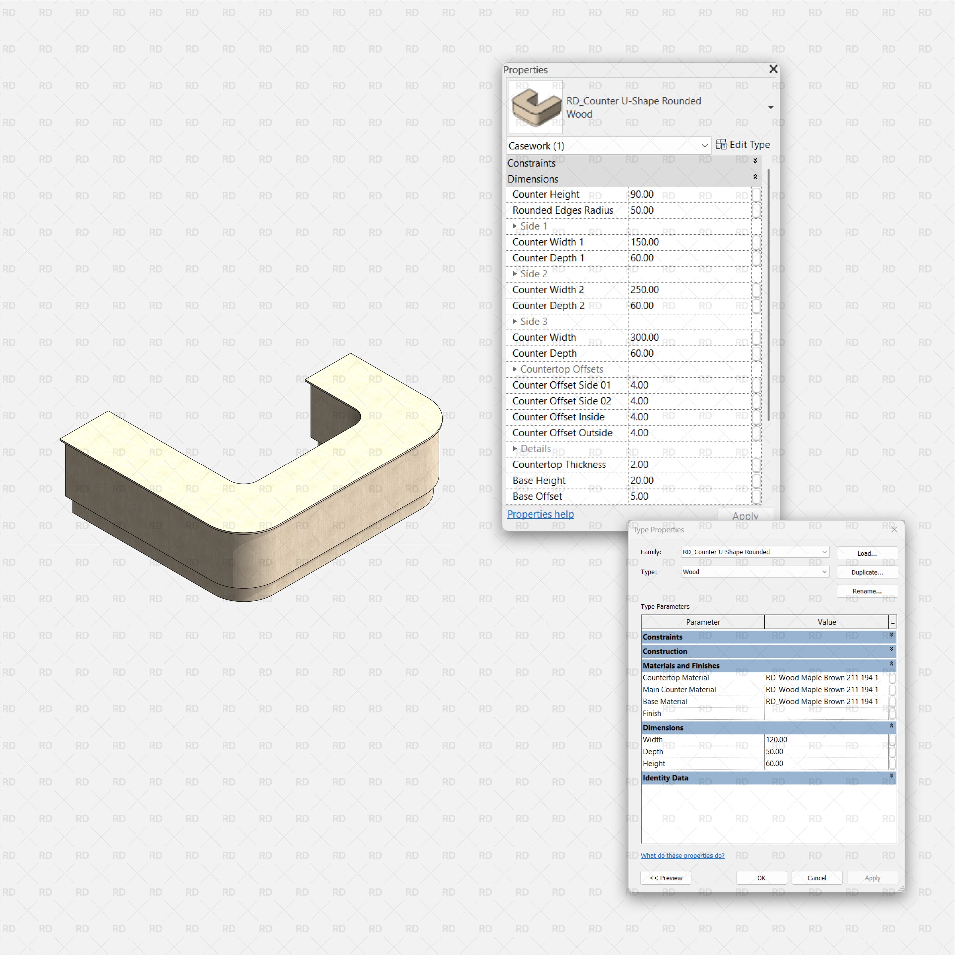 Revit Commercial Countertops RD Studio BIM Blocks RFA – U-Shape Rounded Reception Desk Counter Family