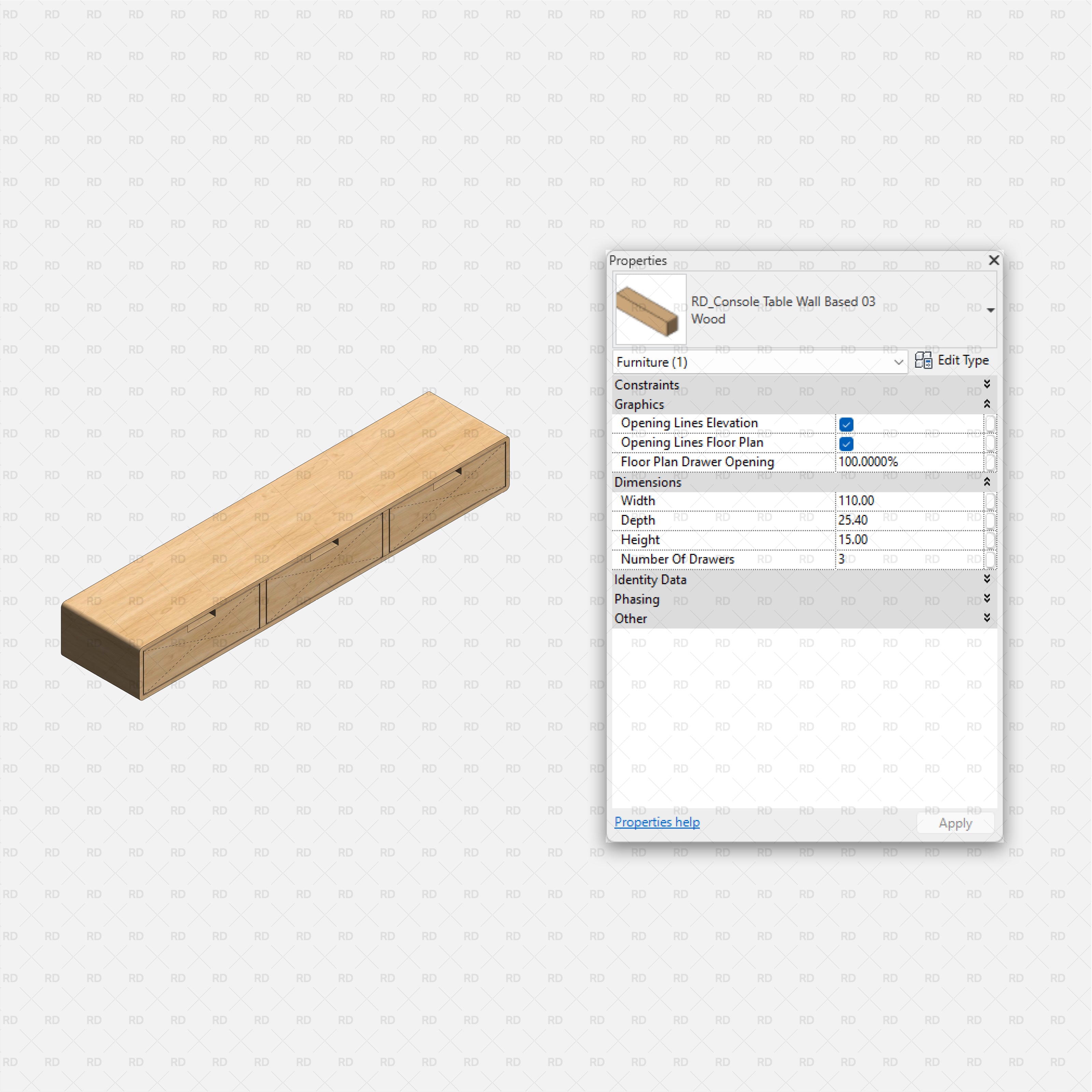 revit wall based console table RD Studio BIM blocks rfa โ slim three-drawer floating console, light wood