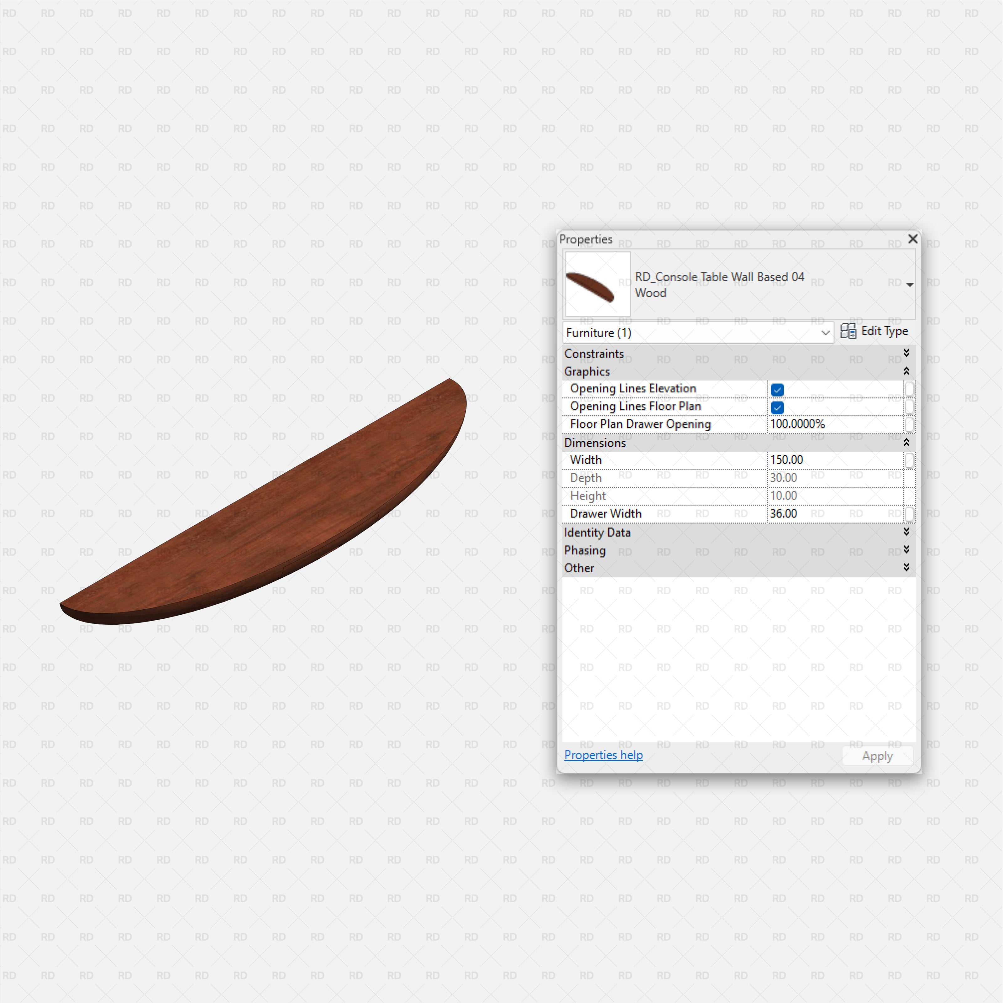 revit wall based console table RD Studio BIM blocks rfa โ curved canoe-shape shelf with hidden drawer