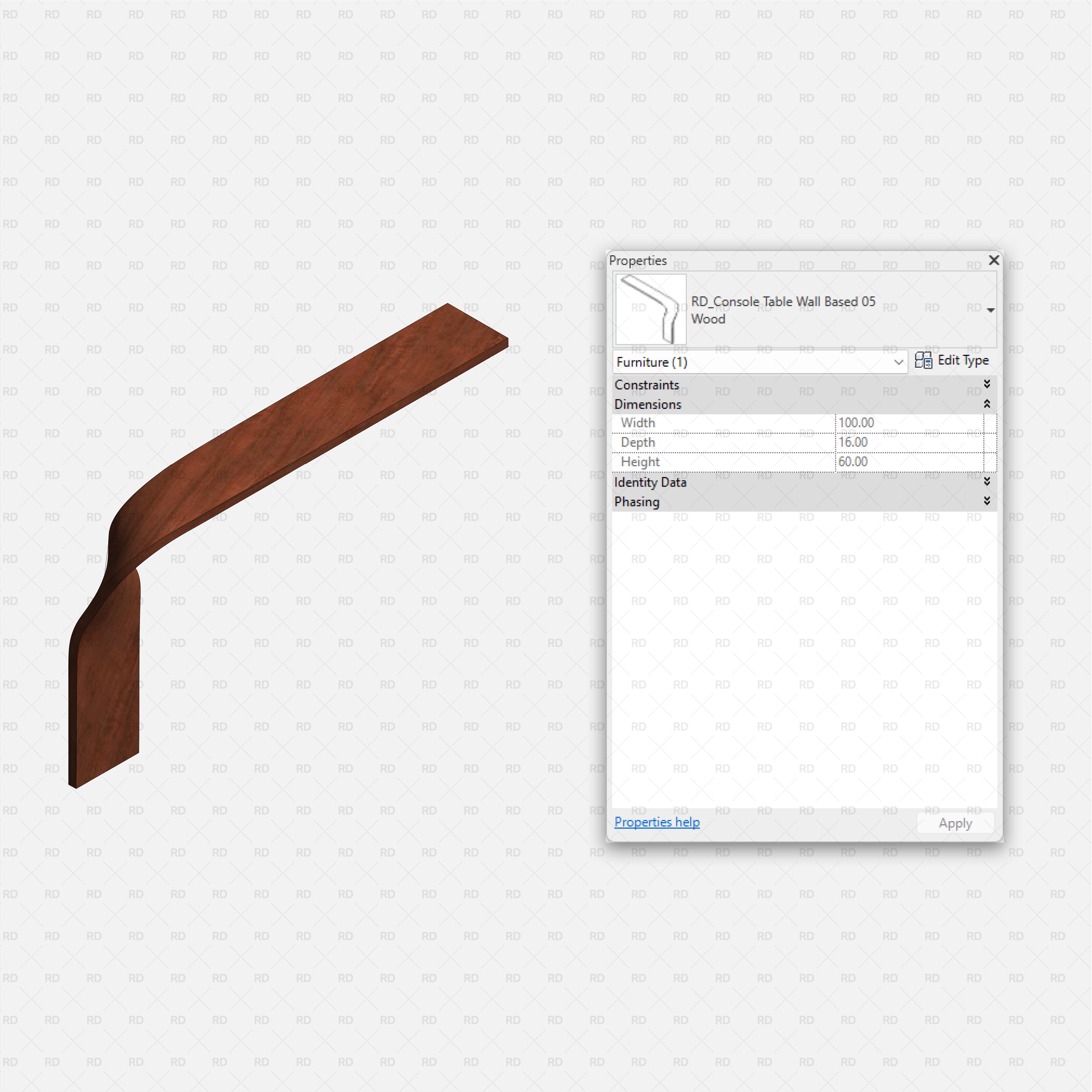 revit wall based console table RD Studio BIM blocks rfa โ bent wood L-shaped console for wall corners