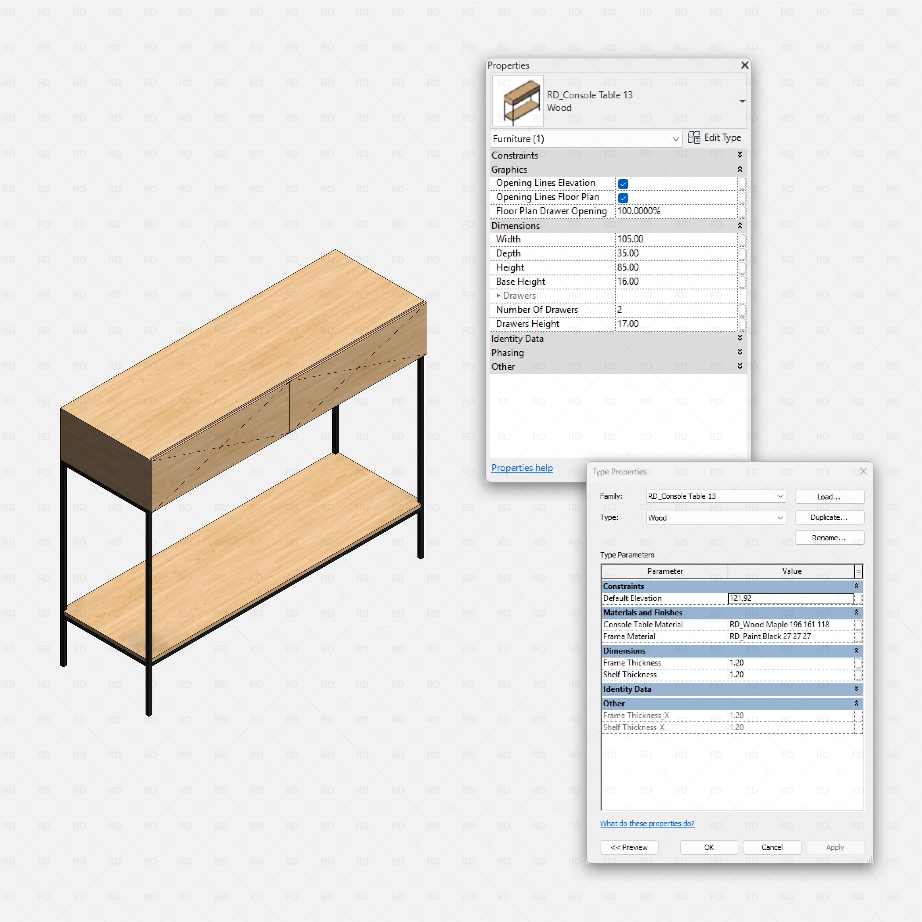 revit wood console table RD Studio BIM blocks rfa slim two-drawer console on metal frame with shelf