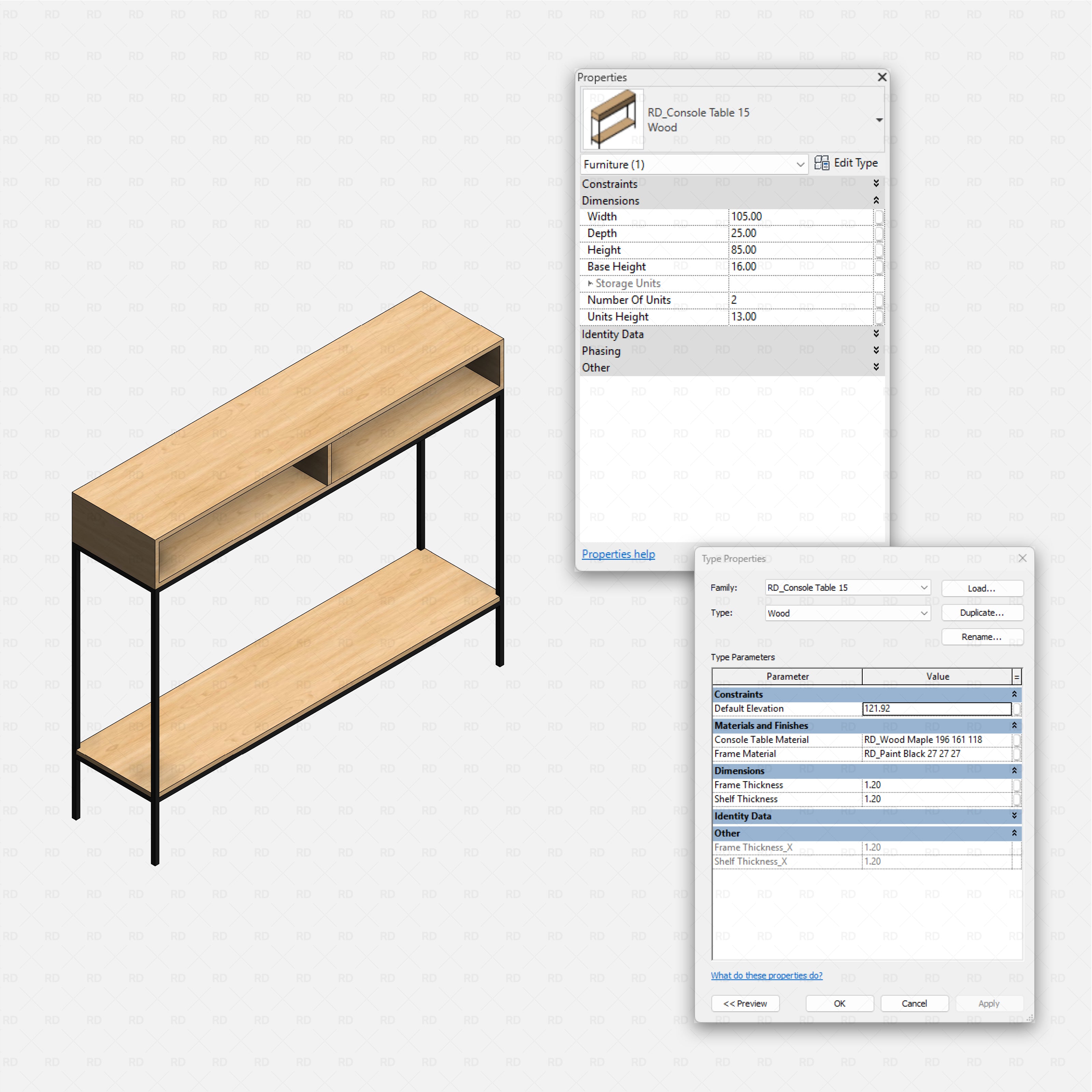 revit wood console table RD Studio BIM blocks rfa outline view of all console tables in one scene