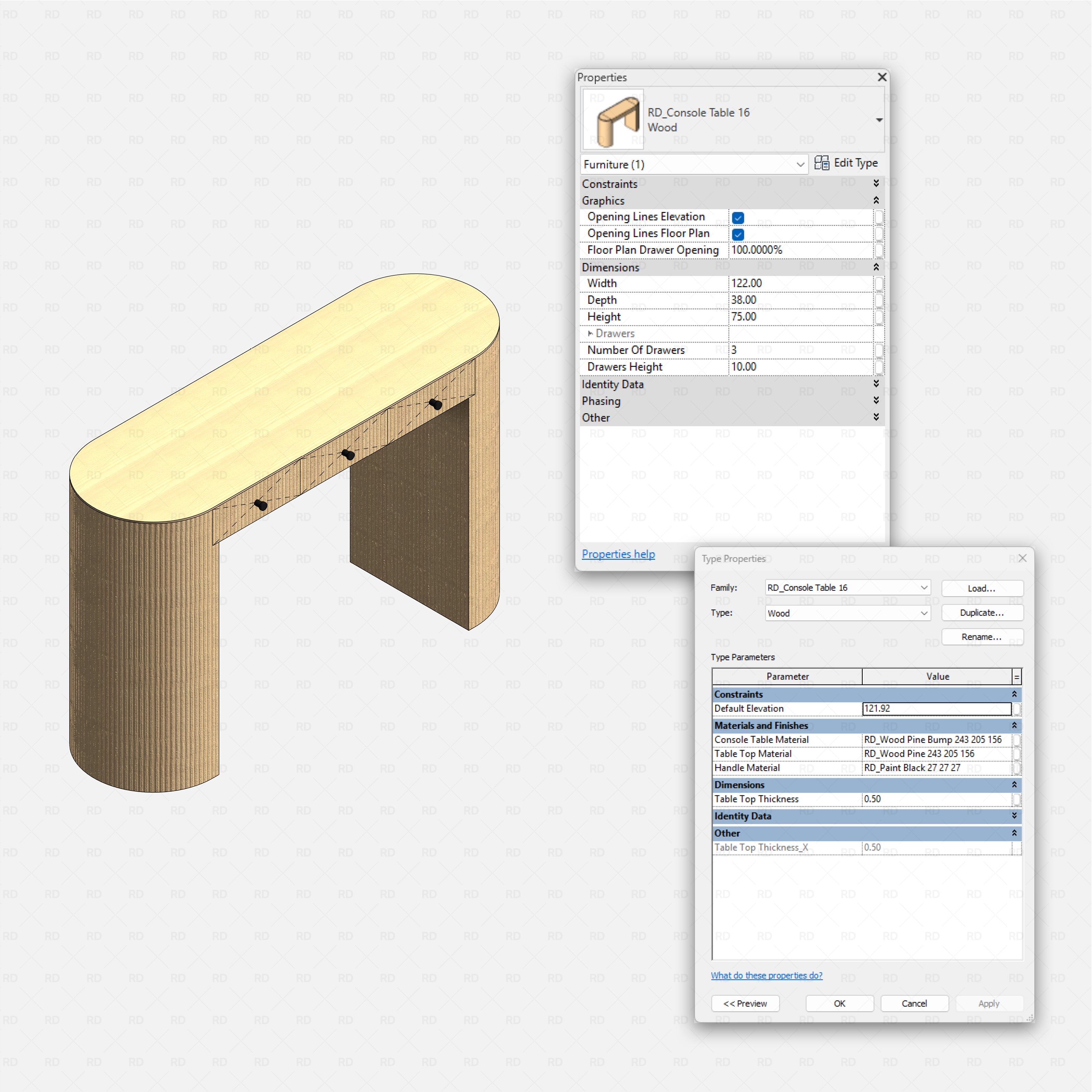 revit wood console table RD Studio BIM blocks rfa โ Storage Cubby Console With Stone Top Parameters