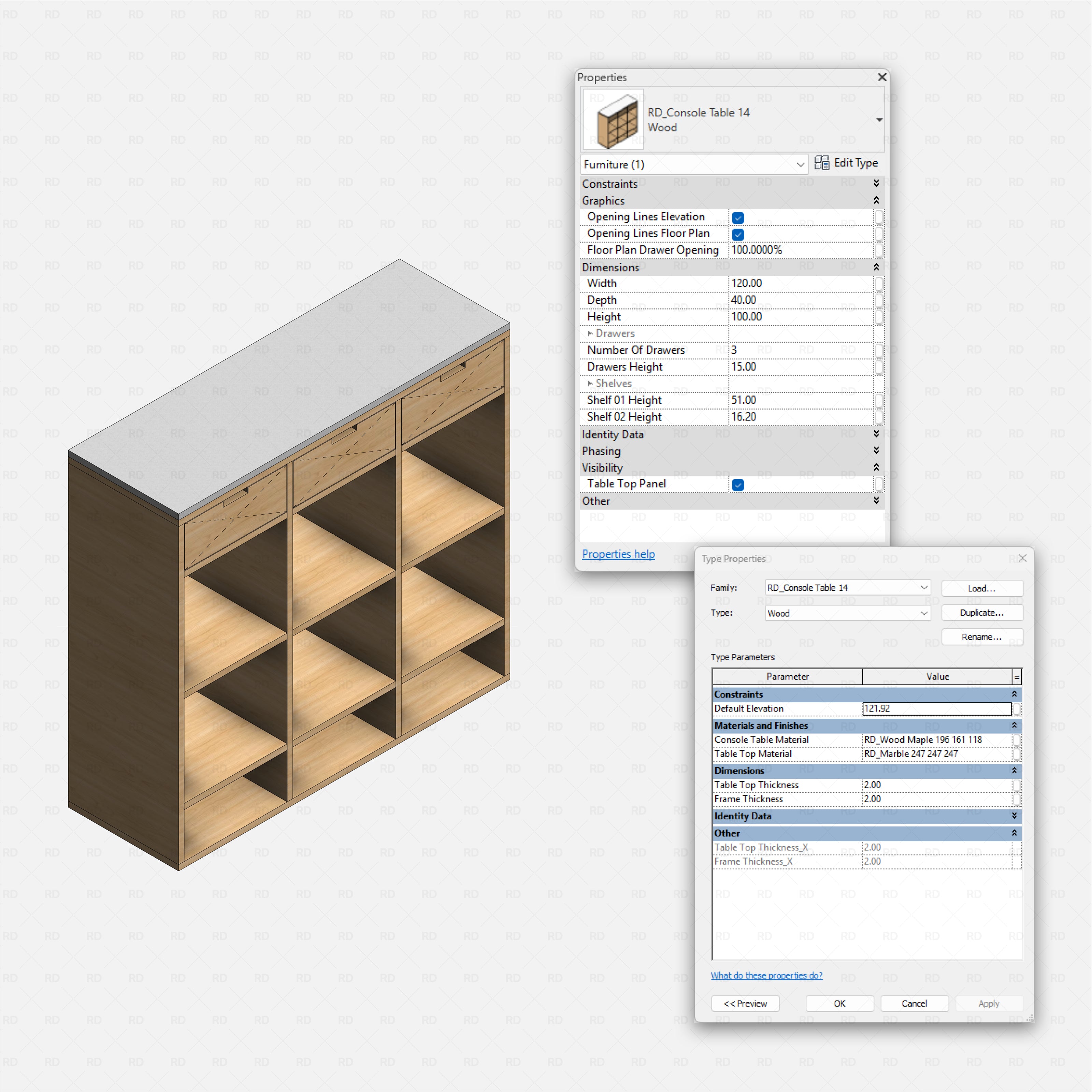 revit wood console table RD Studio BIM blocks rfa โ Isometric Set Of 14 Wood Console Tables