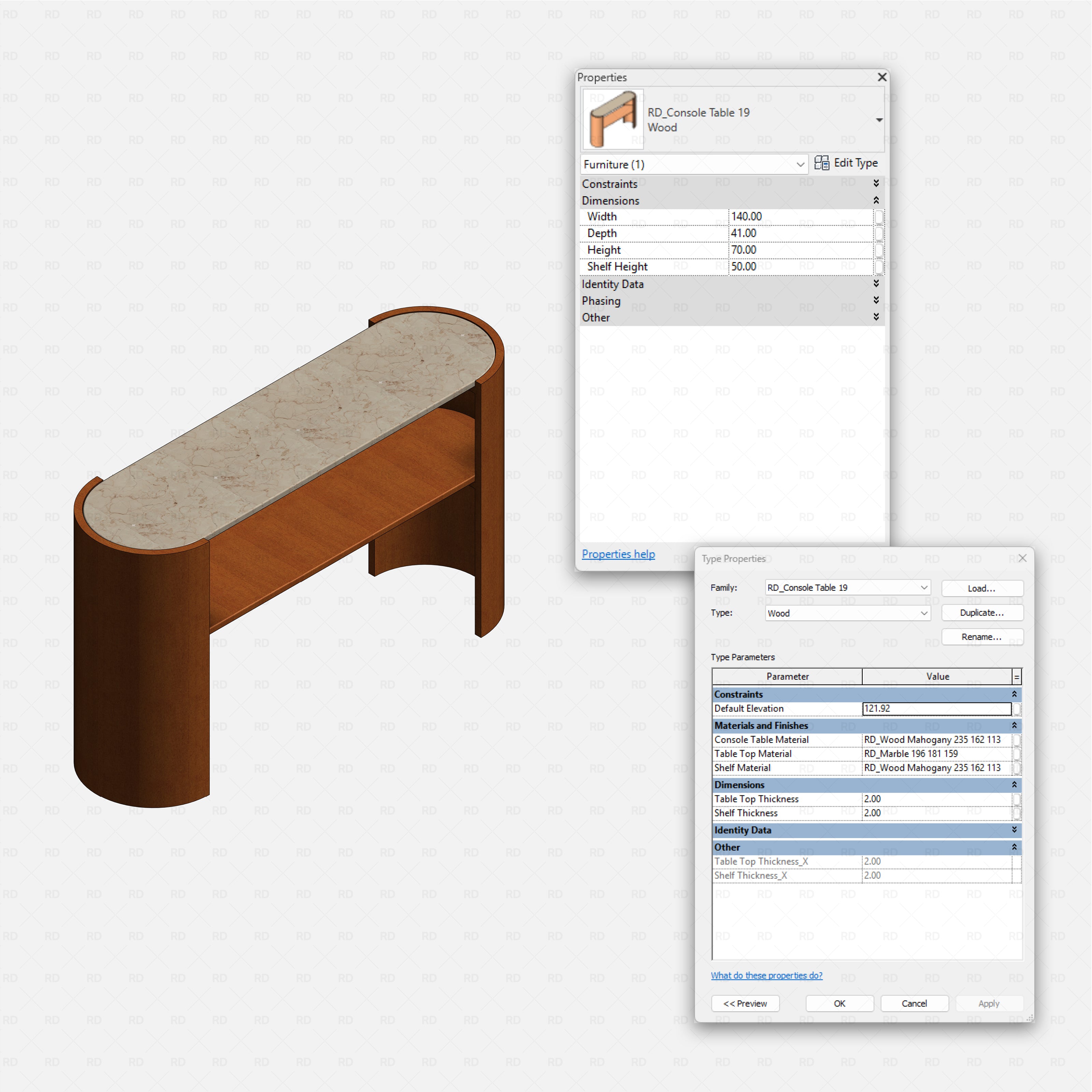 revit wood console table RD Studio BIM blocks rfa โ Half-Moon Trestle Console Table Parameters