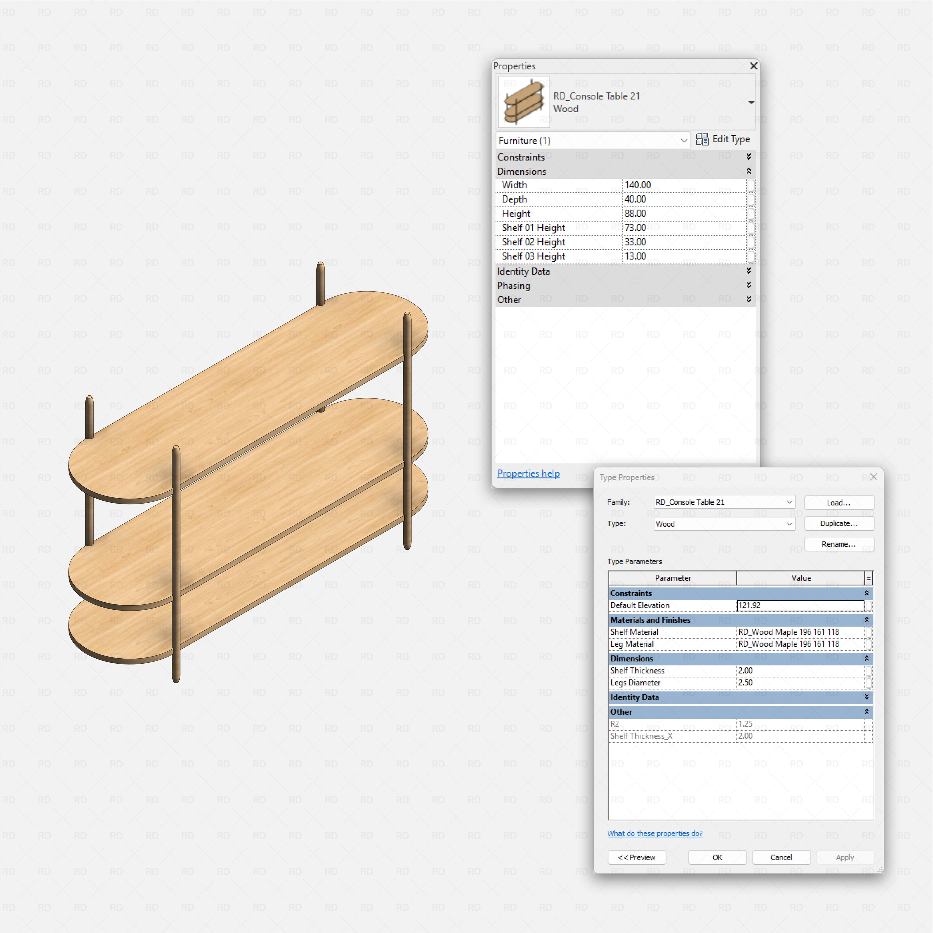 revit wood console table RD Studio BIM blocks rfa three oval wood shelves with vertical posts