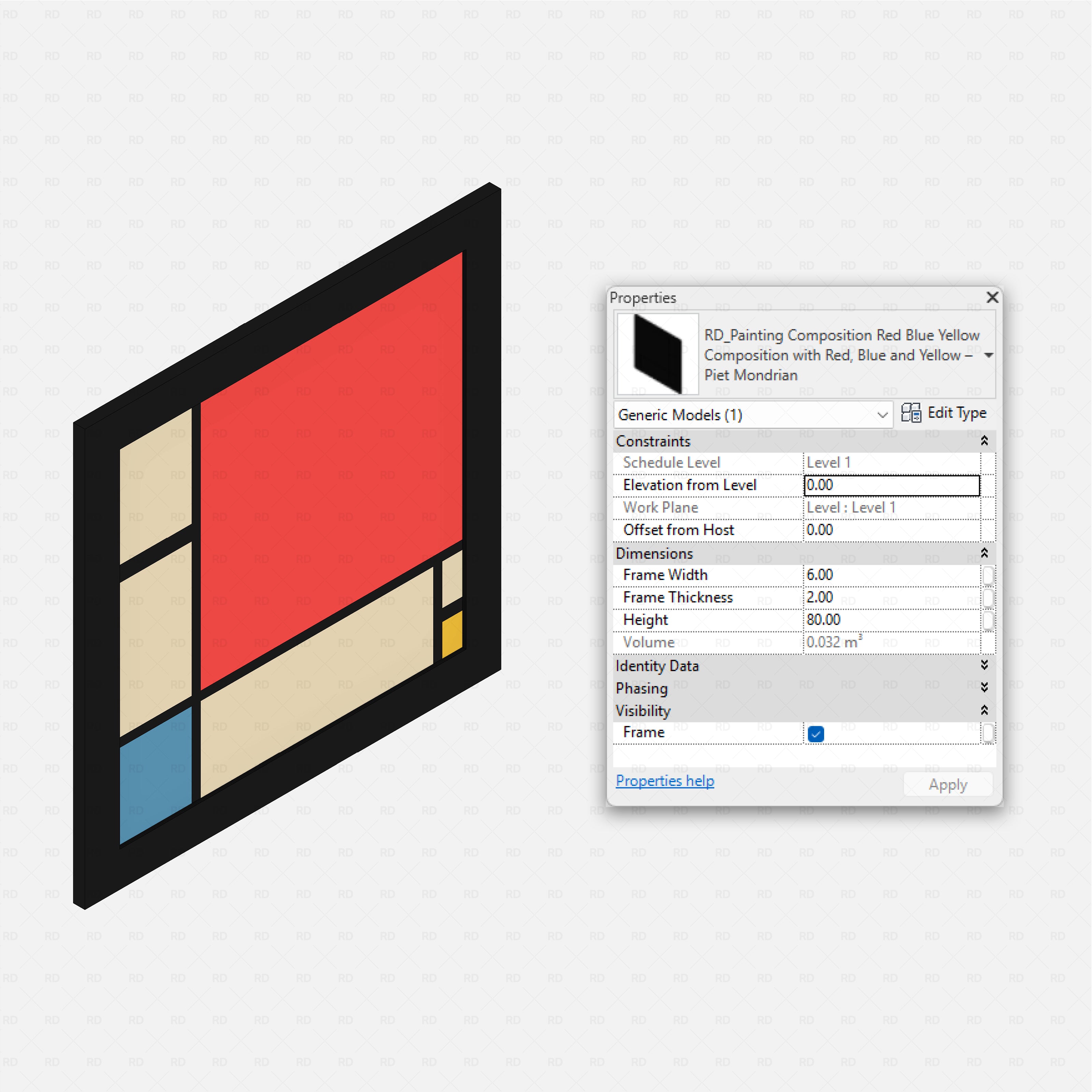 revit famous painting RD Studio BIM blocks rfa – Composition with Red, Blue and Yellow Revit family properties