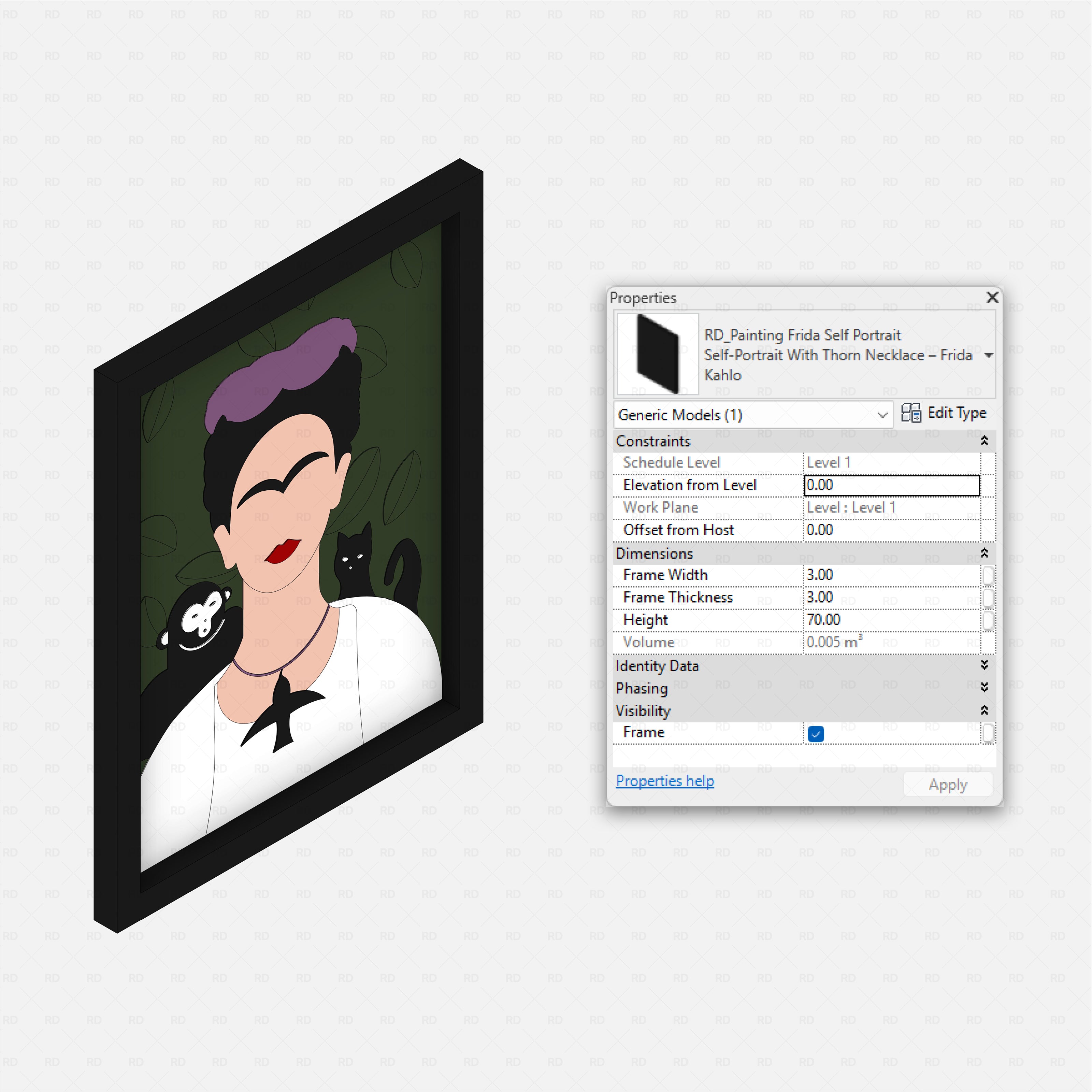 revit famous painting RD Studio BIM blocks rfa – Frida Kahlo self-portrait frame with type properties