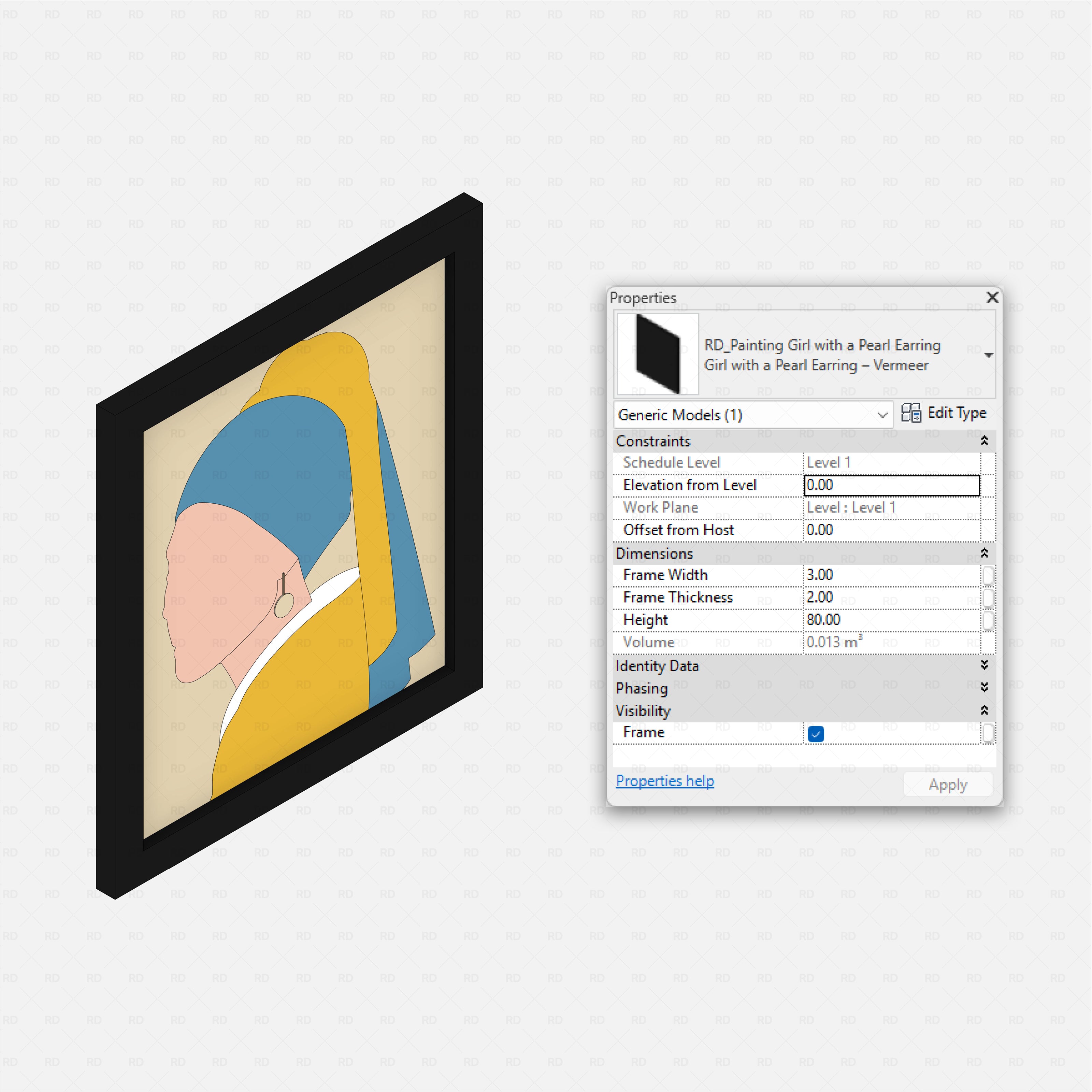 revit famous painting RD Studio BIM blocks rfa – Girl with a Pearl Earring framed art Revit properties