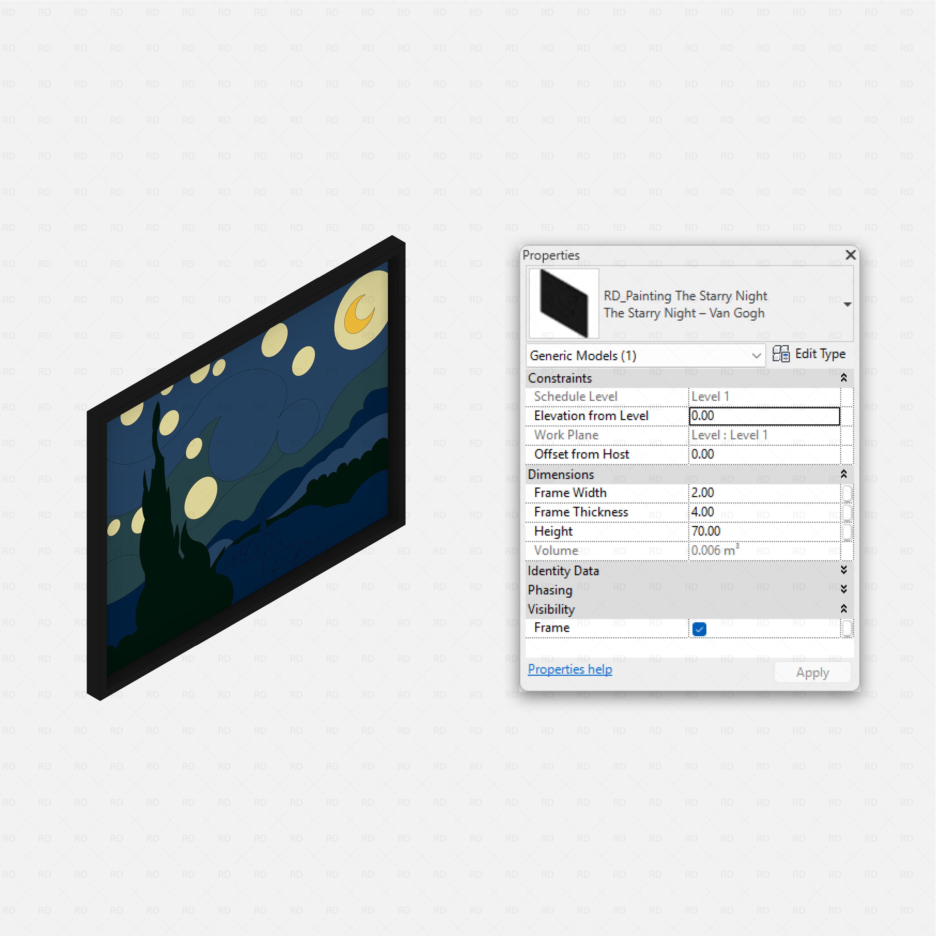 revit famous painting RD Studio BIM blocks rfa Van Gogh Starry Night framed Revit asset with parametric frame settings.