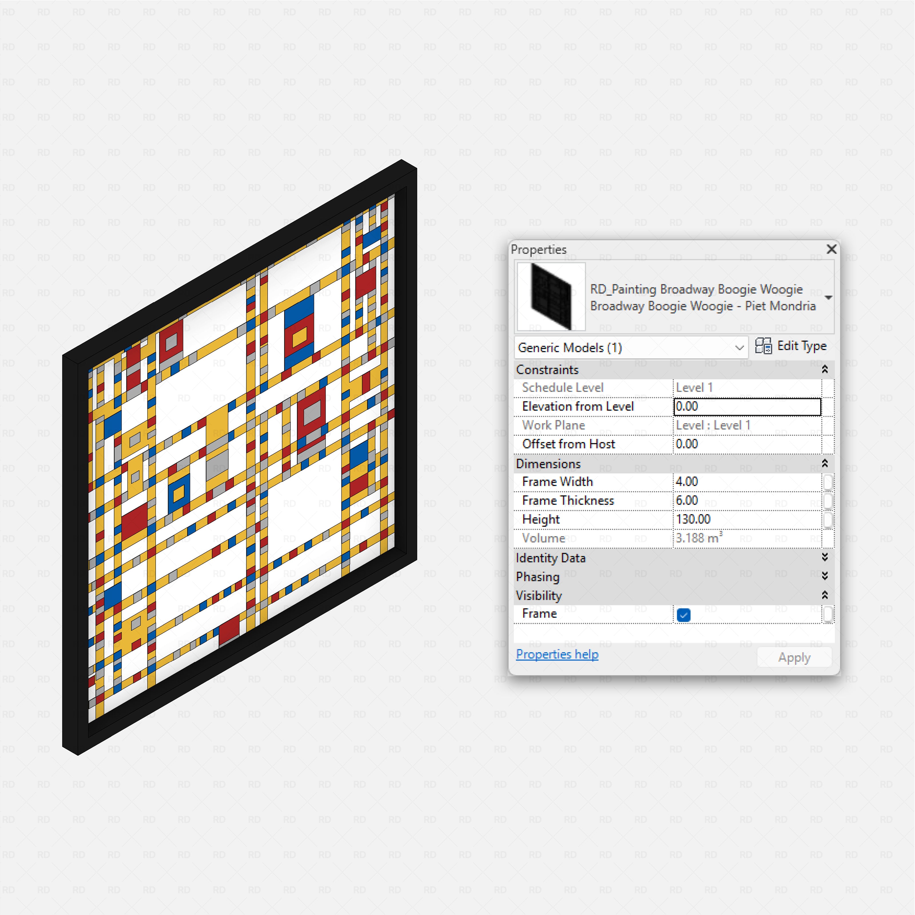 revit famous painting RD Studio BIM blocks rfa – Broadway Boogie Woogie frame with Revit properties