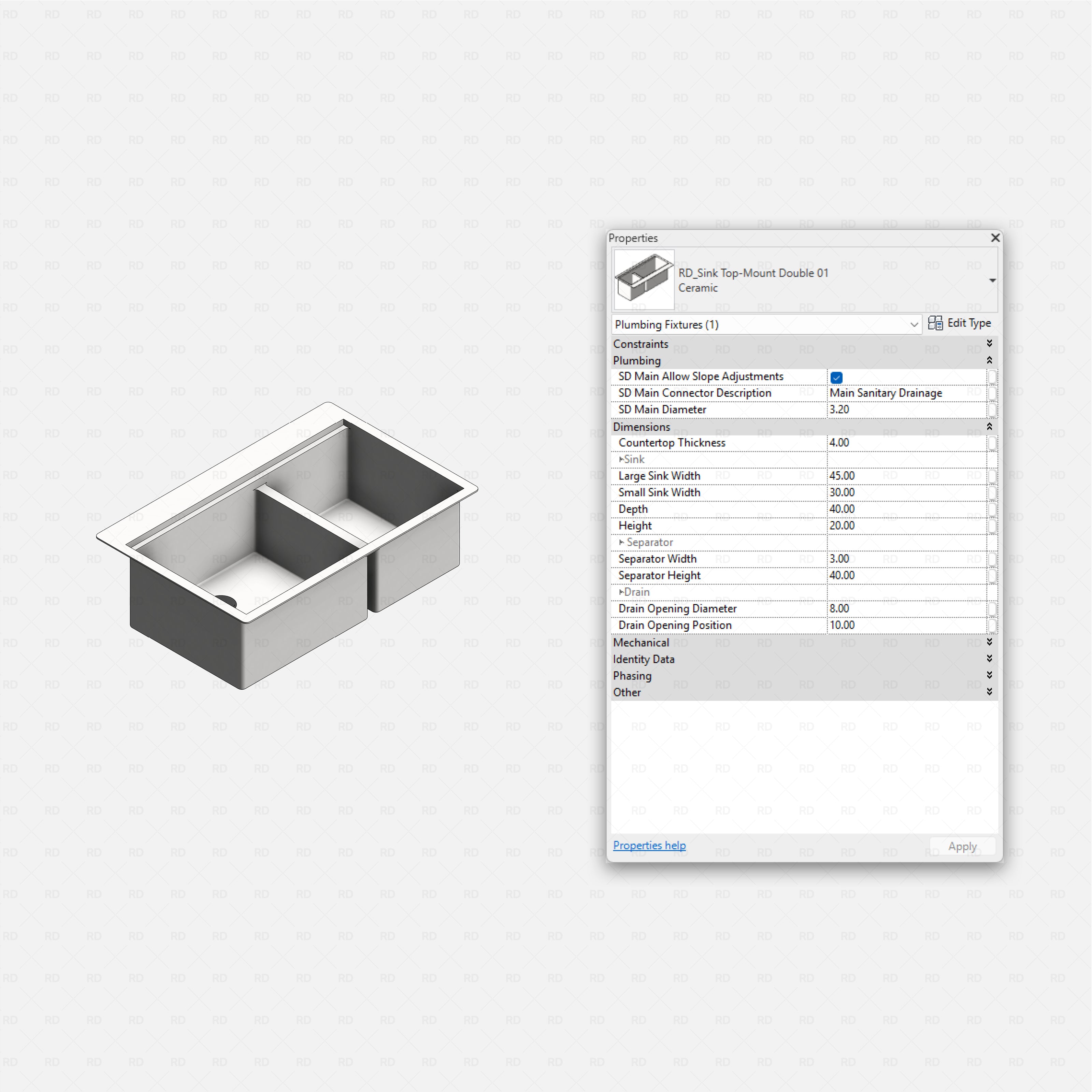 revit kitchen sink RD Studio BIM blocks rfa top-mount double sink with large and small bowls, ceramic style, properties