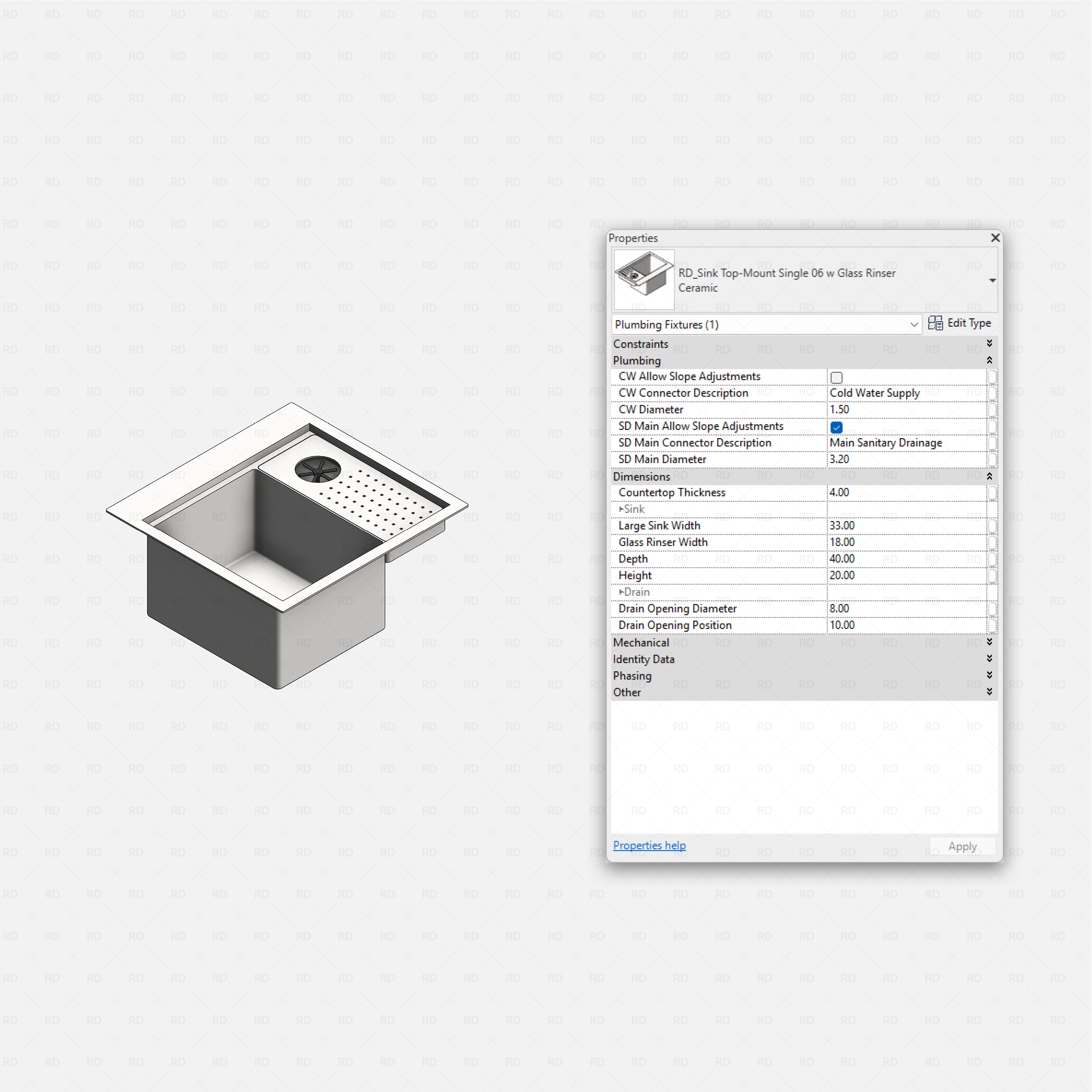 revit kitchen sink RD Studio BIM blocks rfa top-mount single sink with glass rinser module, plan view