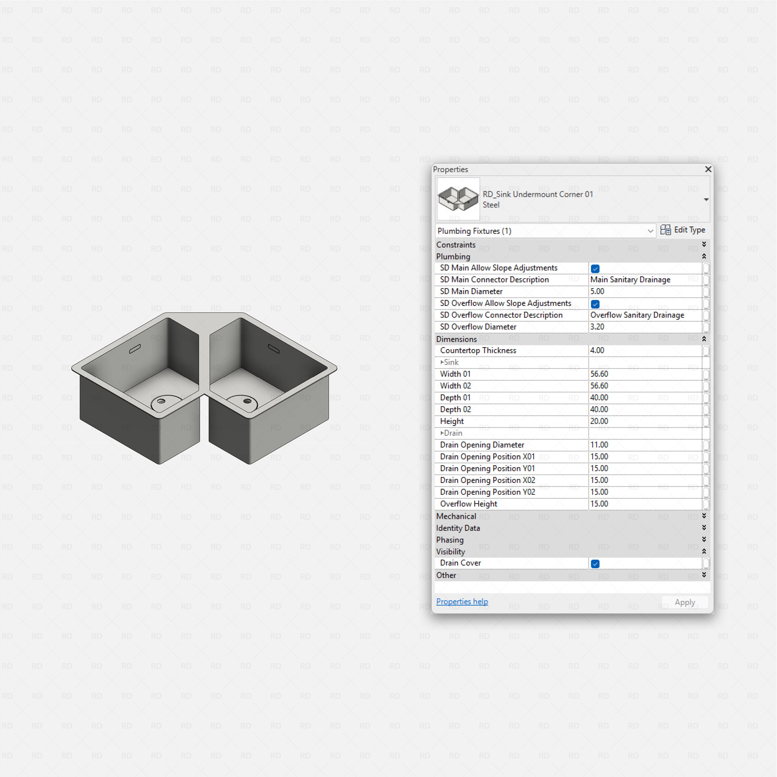 revit kitchen sink RD Studio BIM blocks rfa, undermount corner L-shape, two equal bowls