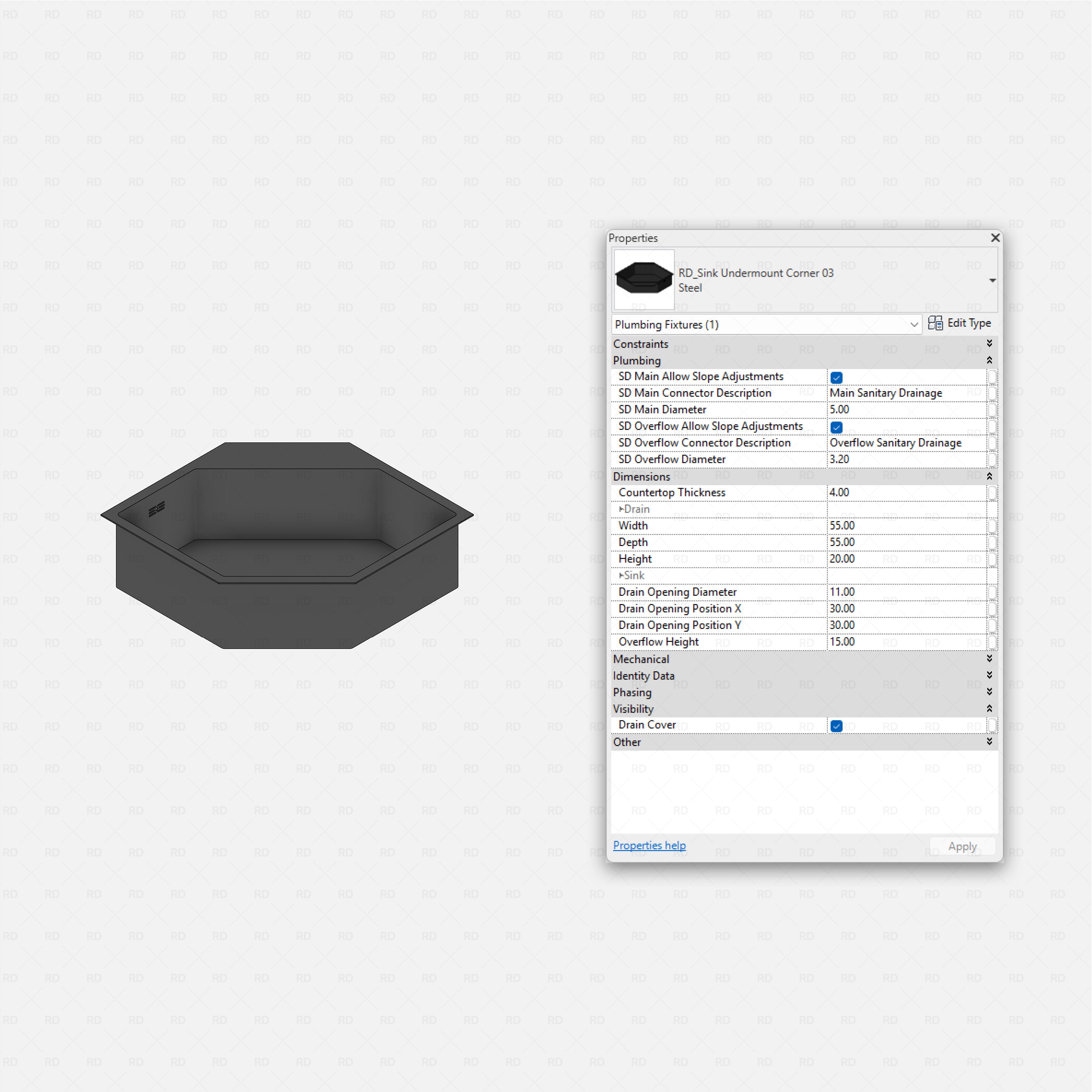 revit kitchen sink RD Studio BIM blocks rfa, undermount corner hexagonal single bowl