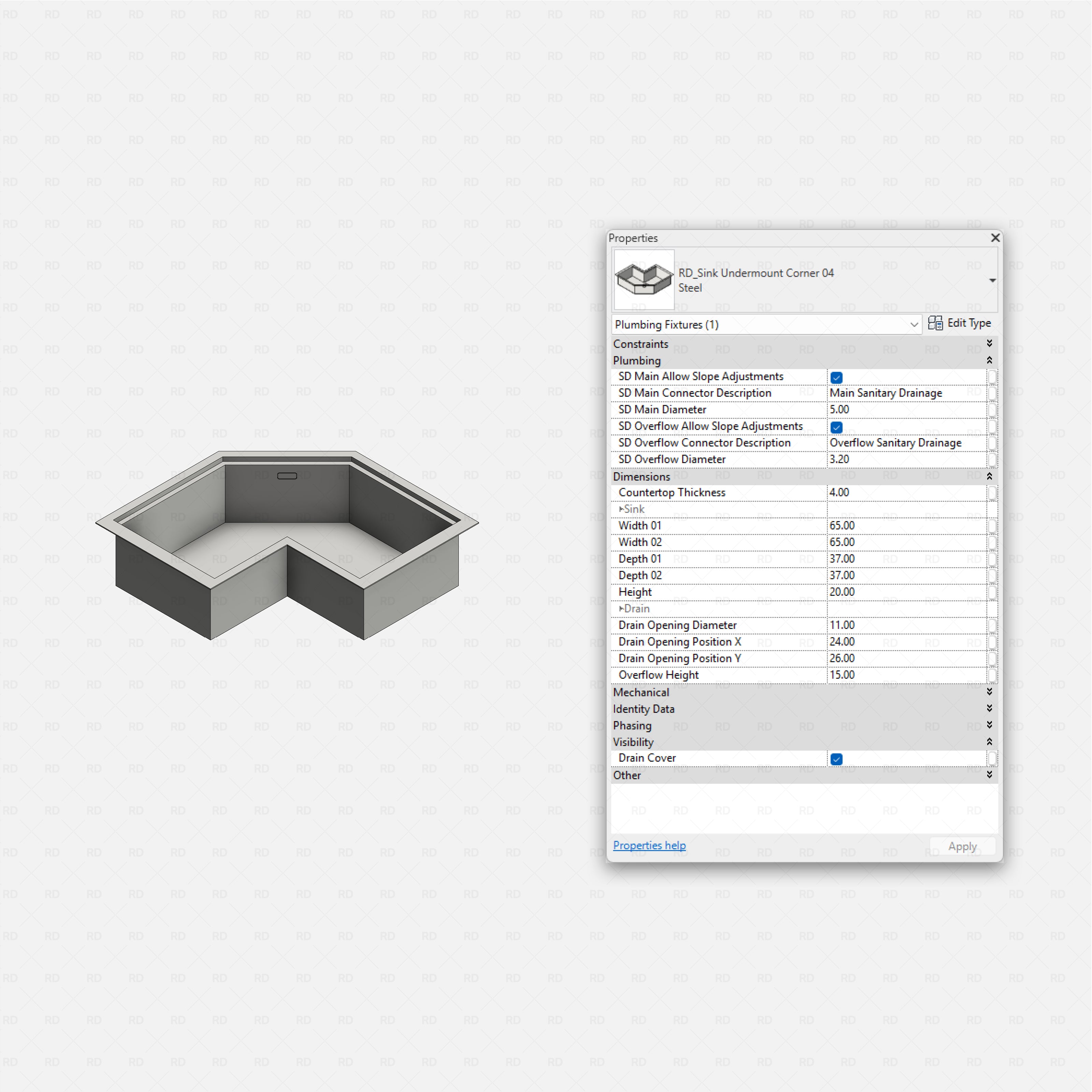 revit kitchen sink RD Studio BIM blocks rfa, undermount corner large L-shaped single bowl