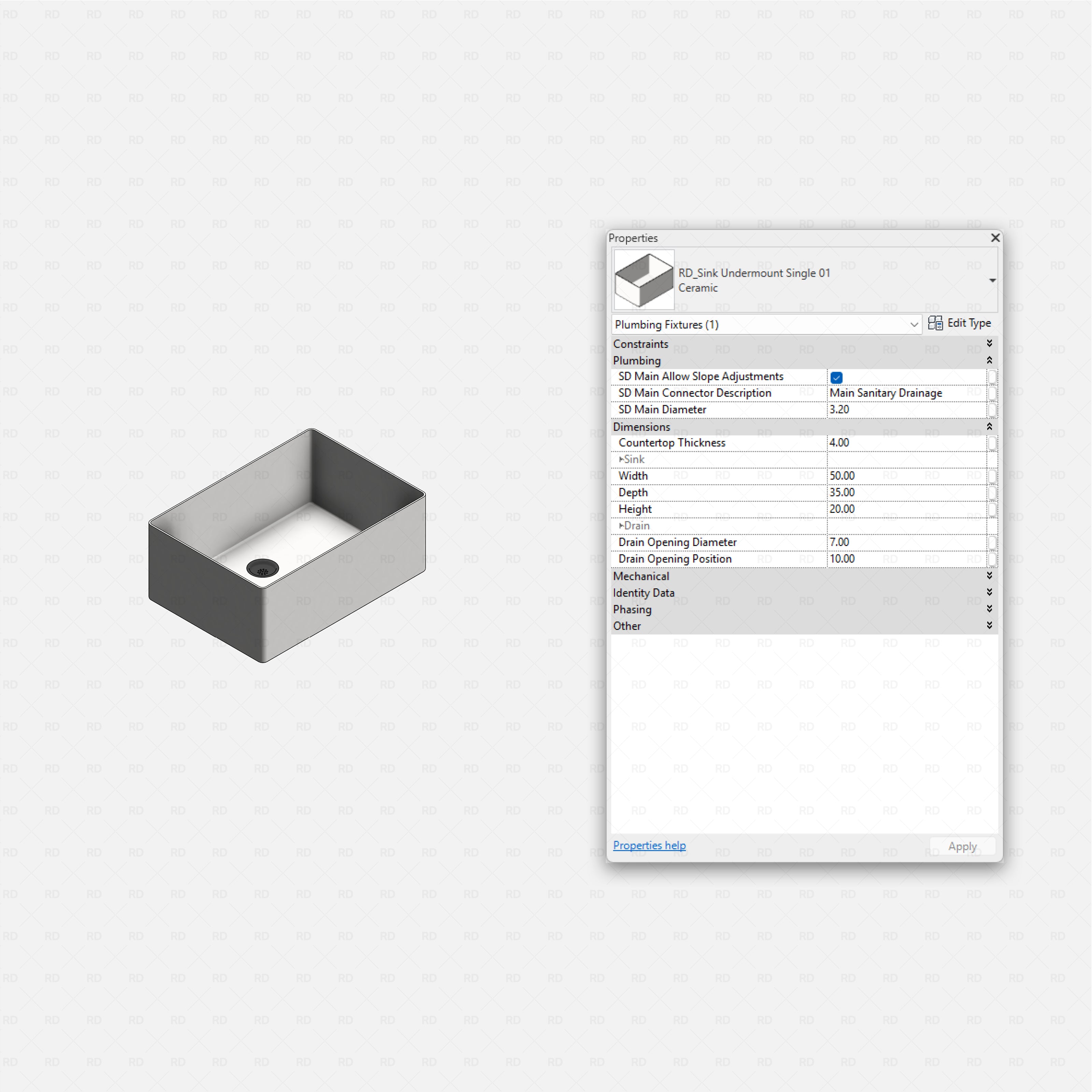 revit kitchen sink RD Studio BIM blocks rfa, undermount single rectangular basin, ceramic