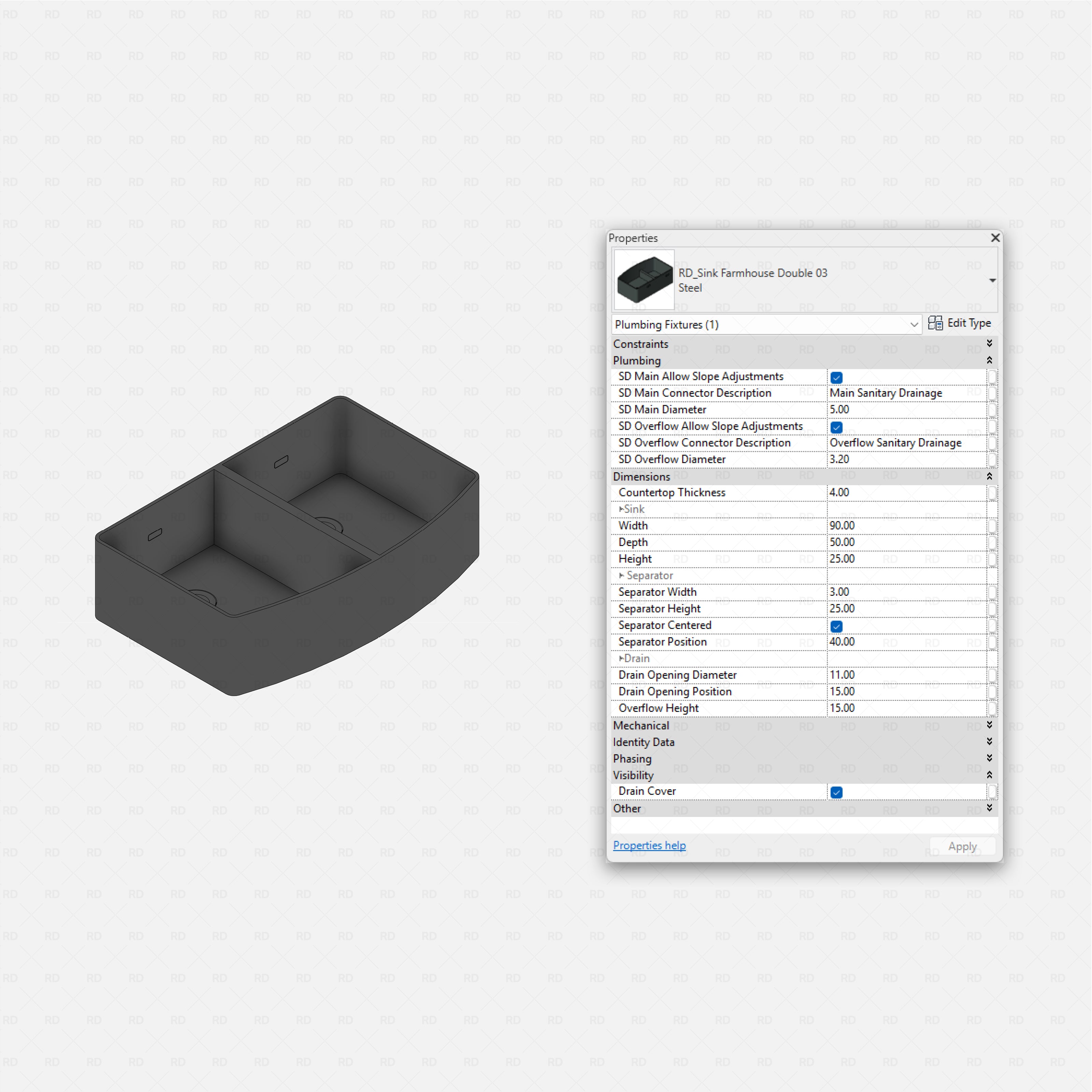 revit kitchen sink RD Studio BIM blocks rfa farmhouse double sink family, shaded isometric with parameters