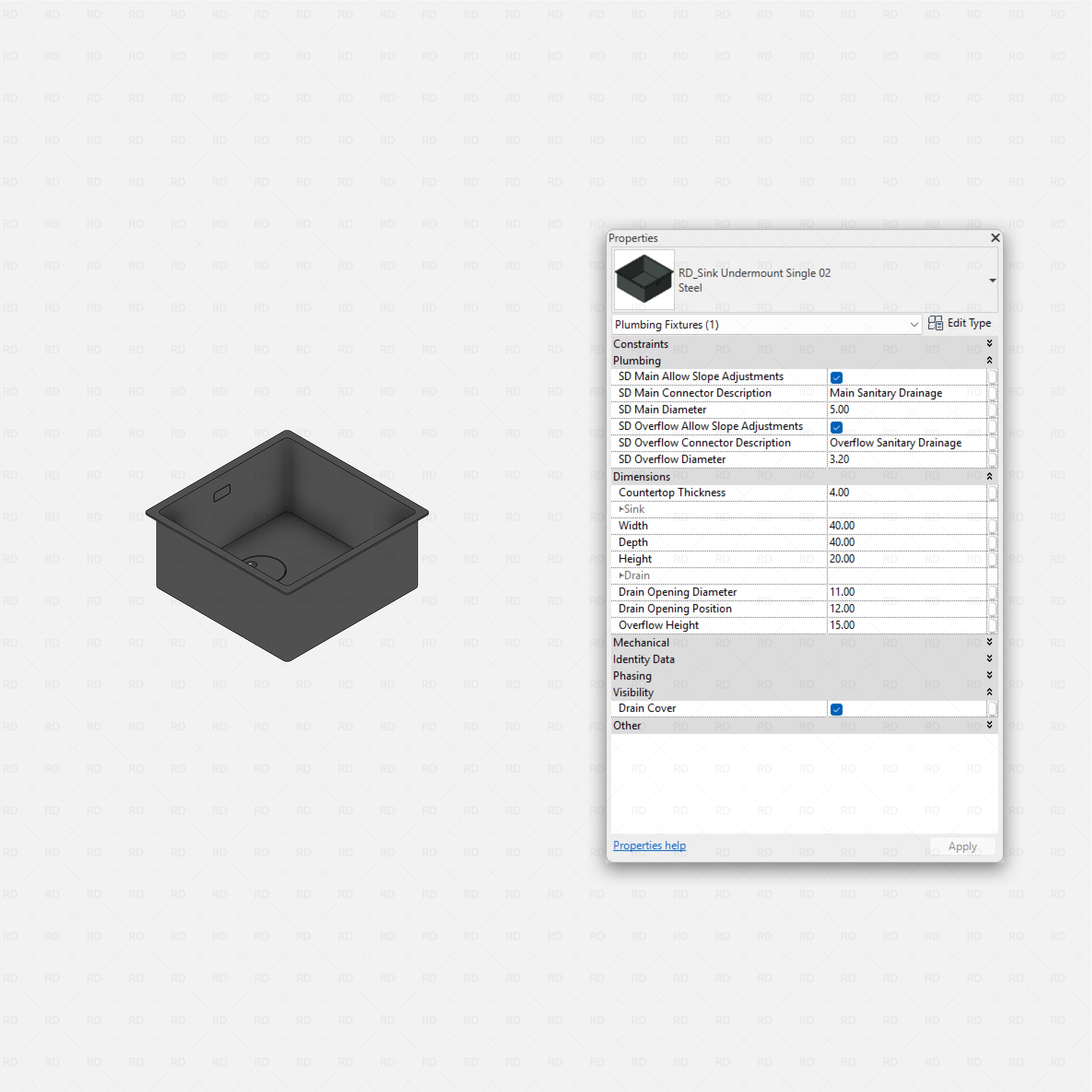 revit kitchen sink RD Studio BIM blocks rfa, undermount square bar sink, compact steel