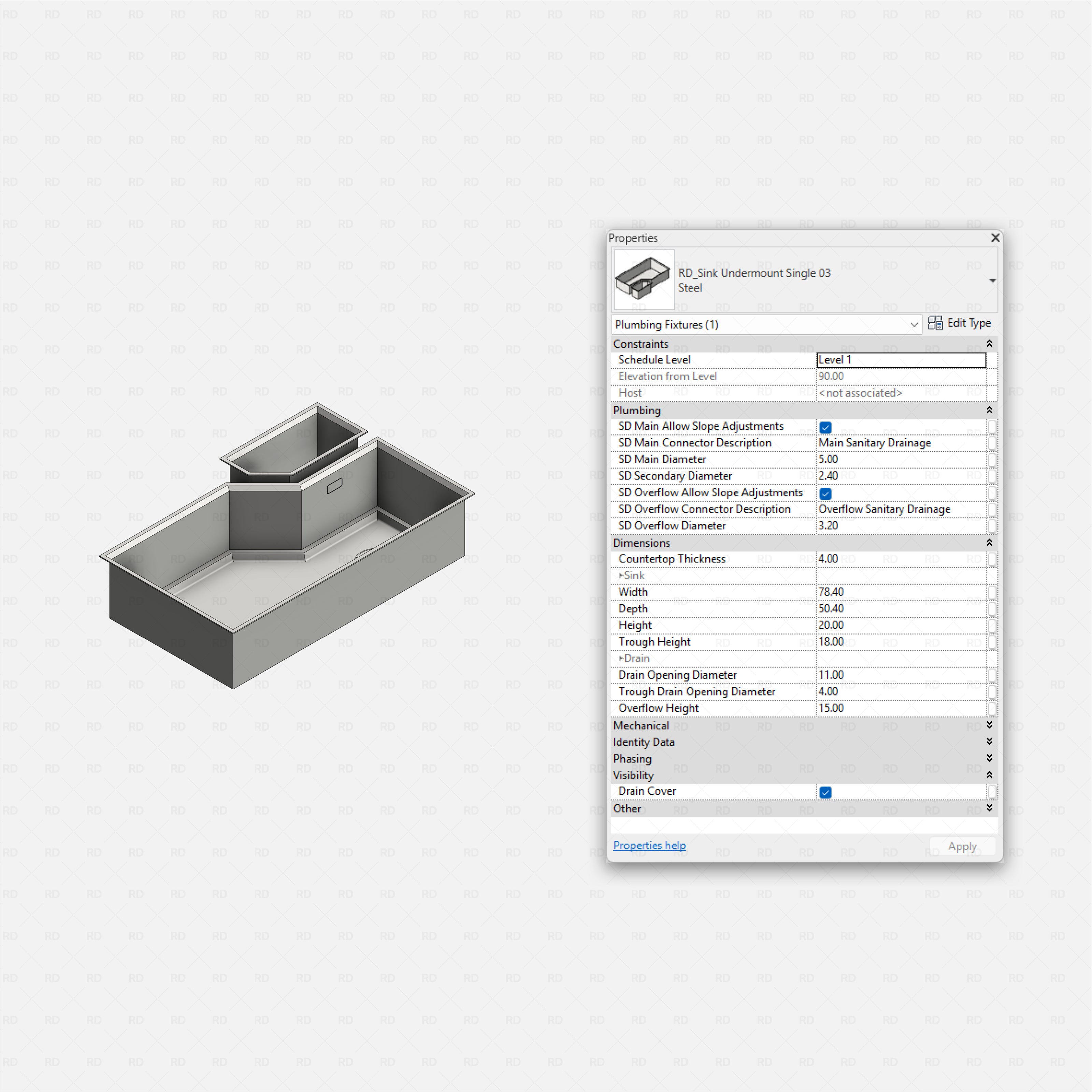 revit kitchen sink RD Studio BIM blocks rfa, undermount utility trough sink with rear prep compartment