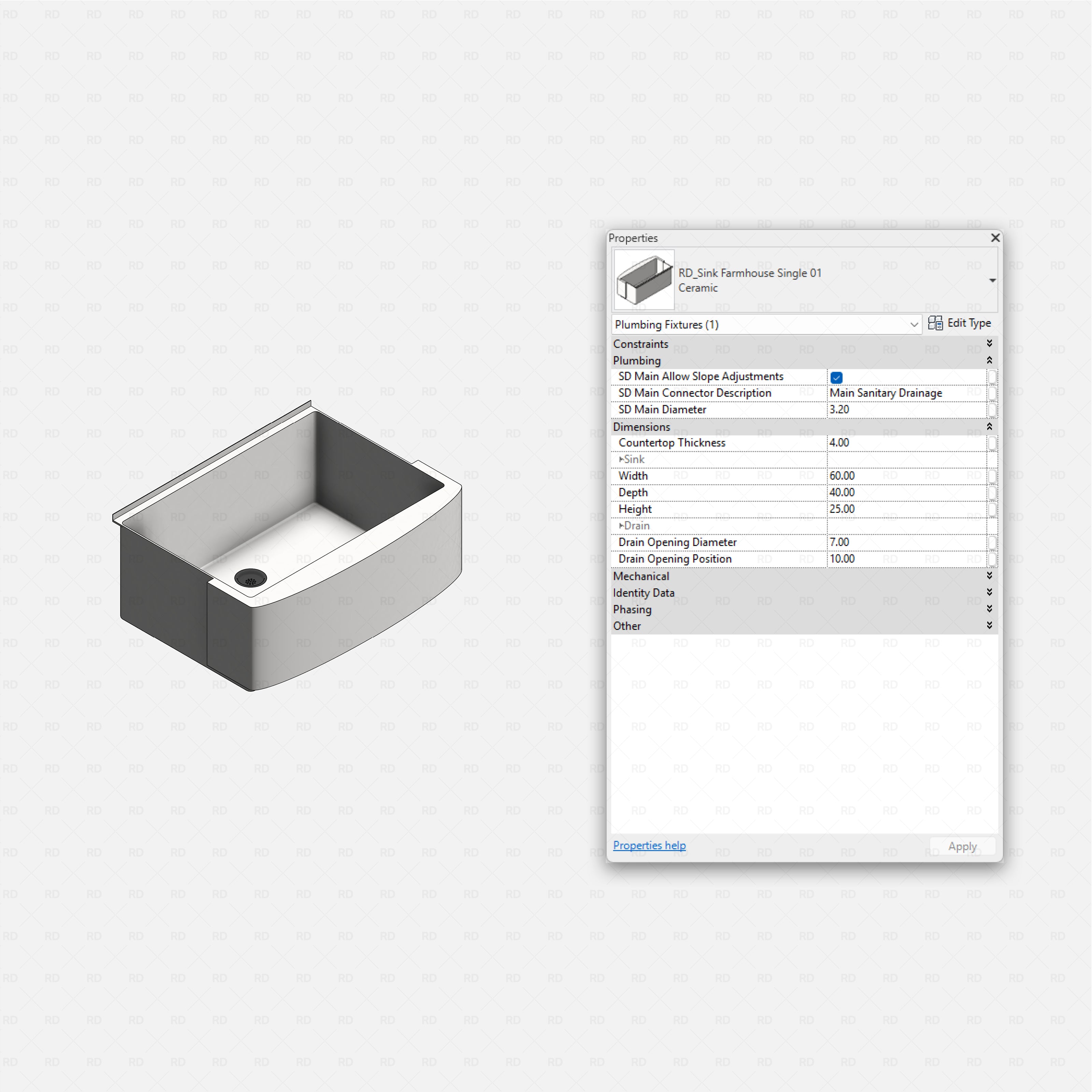 revit kitchen sink RD Studio BIM blocks rfa farmhouse double sink steel version, shaded isometric