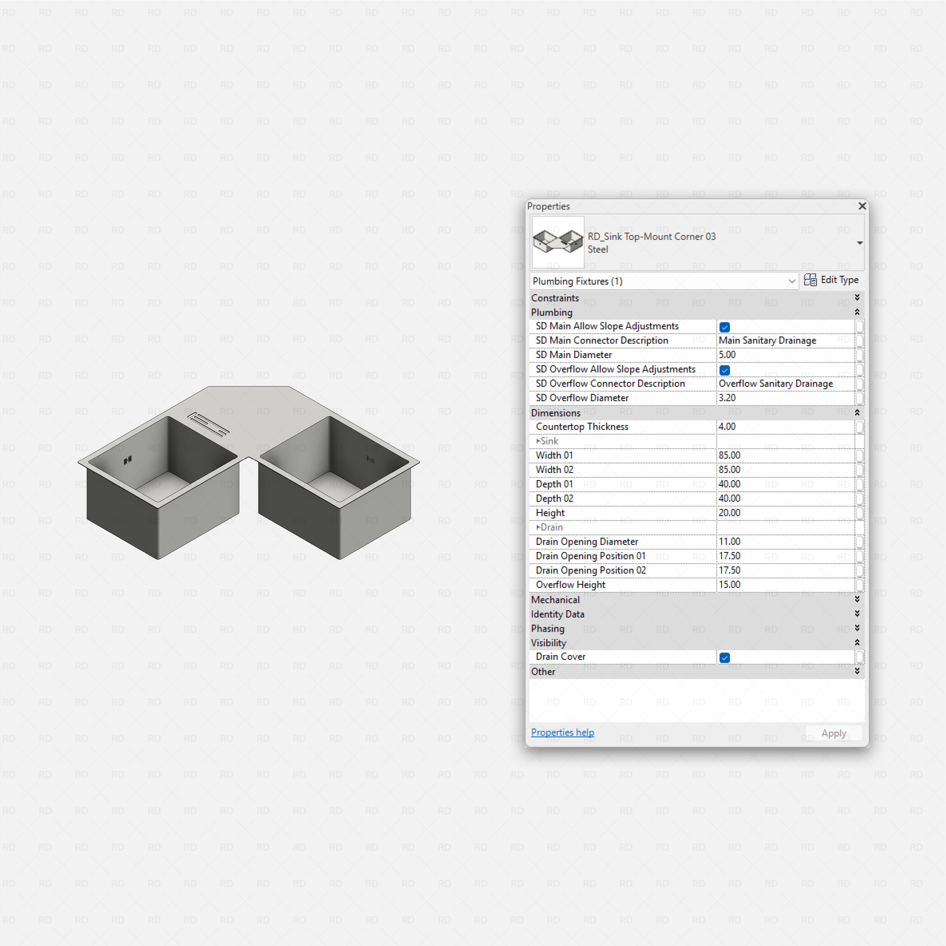 revit kitchen sink RD Studio BIM blocks rfa top-mount corner sink with round center, shaded isometric
