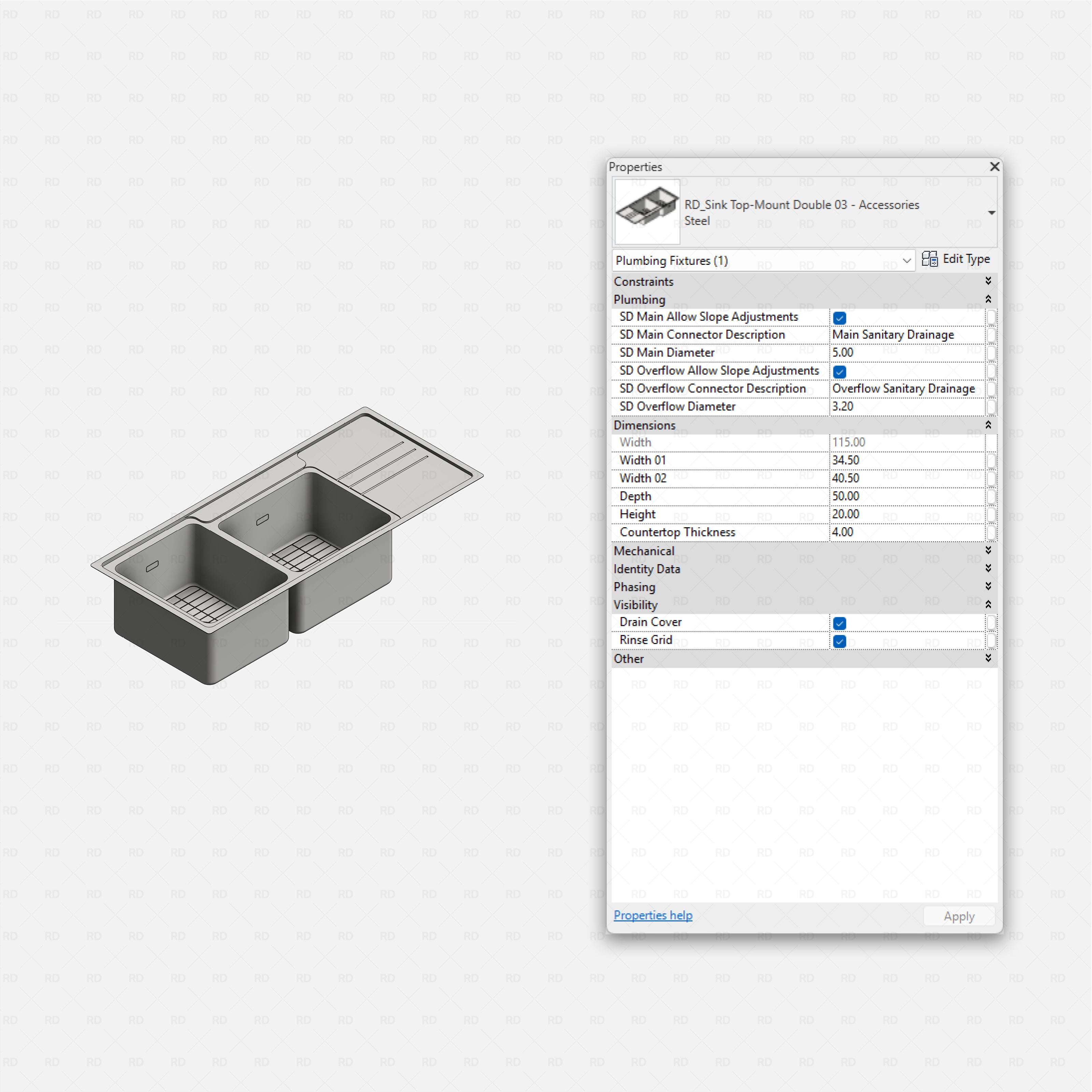 revit kitchen sink with accessories RD Studio BIM blocks rfa, top-mount double with integrated drainboard