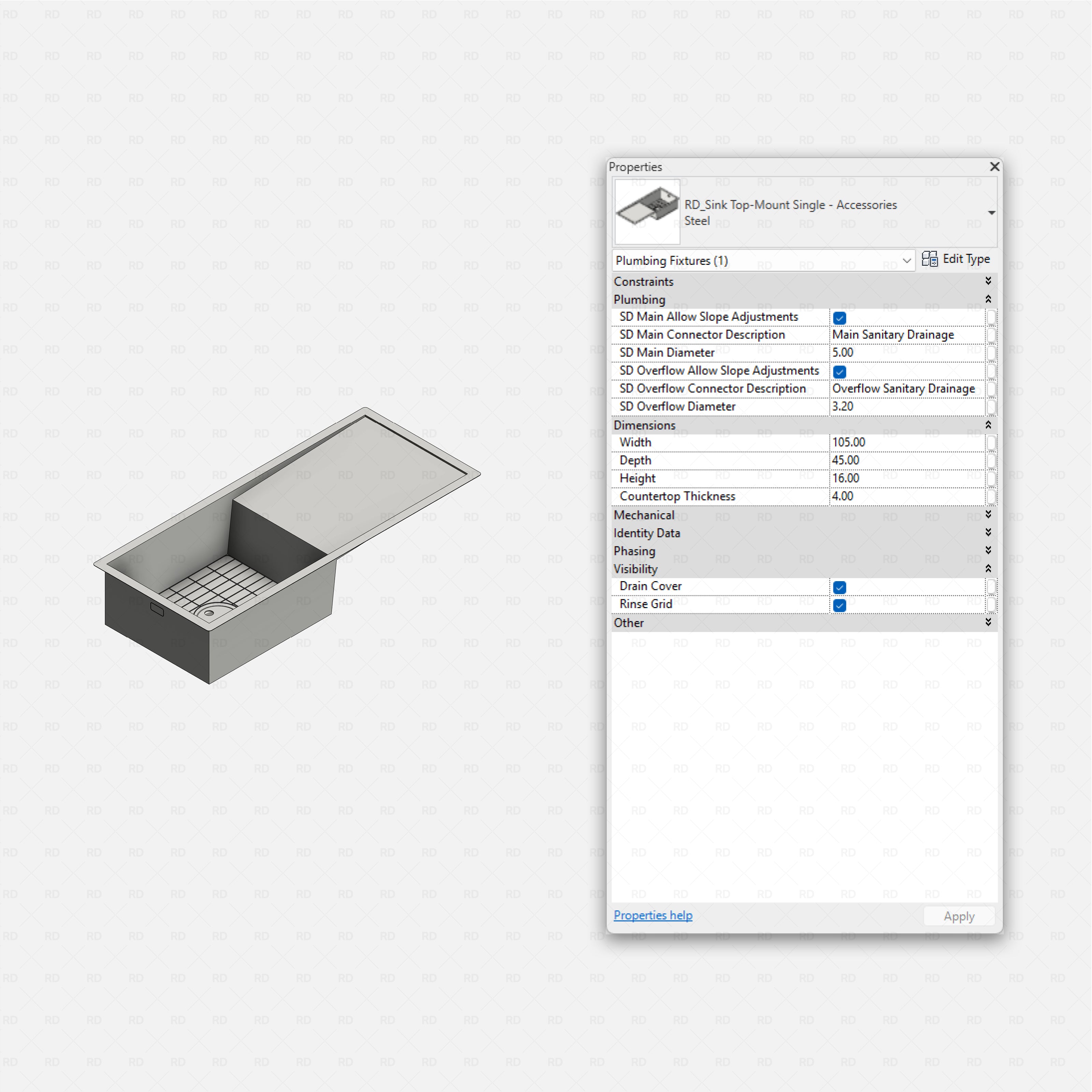 revit kitchen sink with accessories RD Studio BIM blocks rfa, top-mount single long bowl with rinse grid