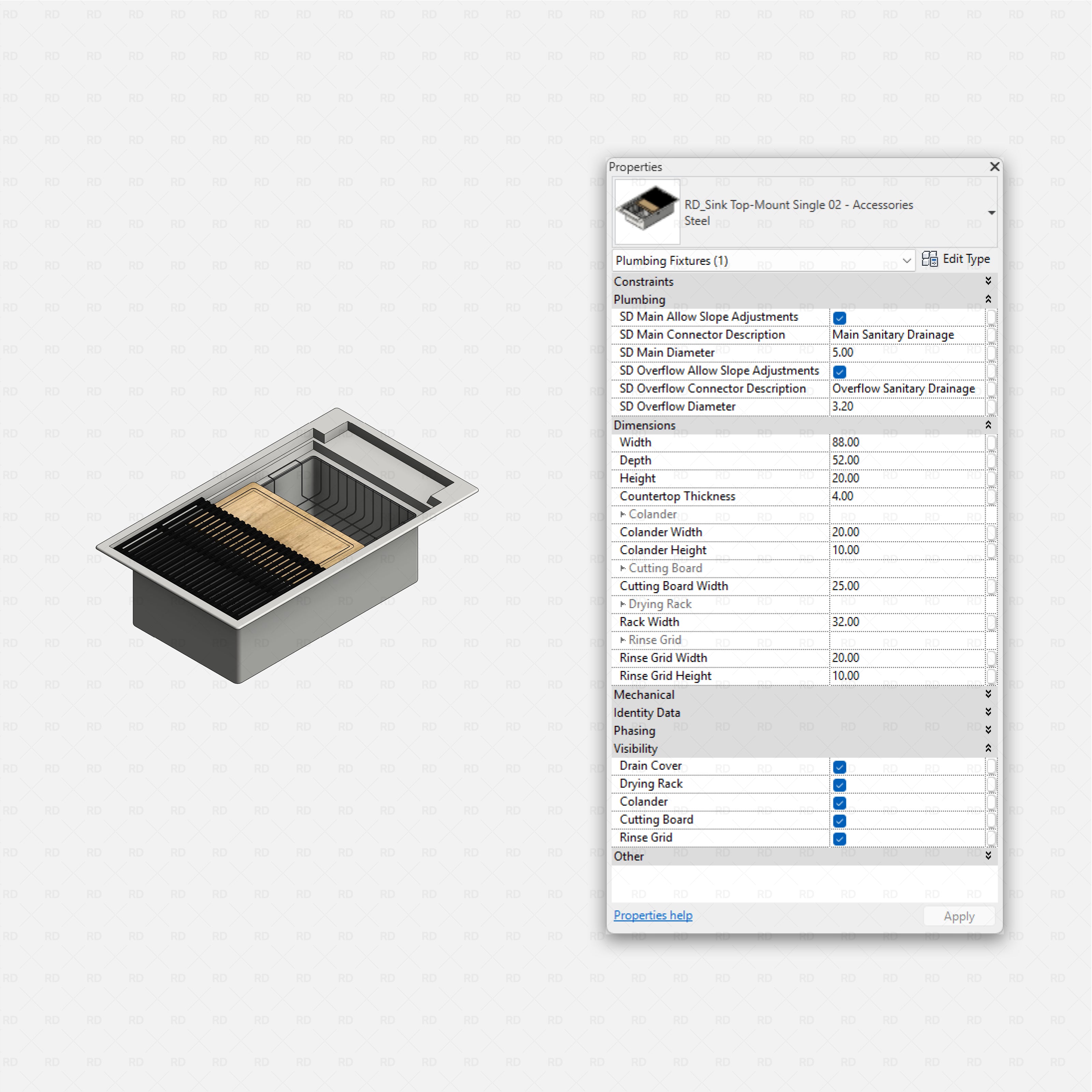 revit kitchen sink with accessories RD Studio BIM blocks rfa, top-mount compact square bowl with rinse grid